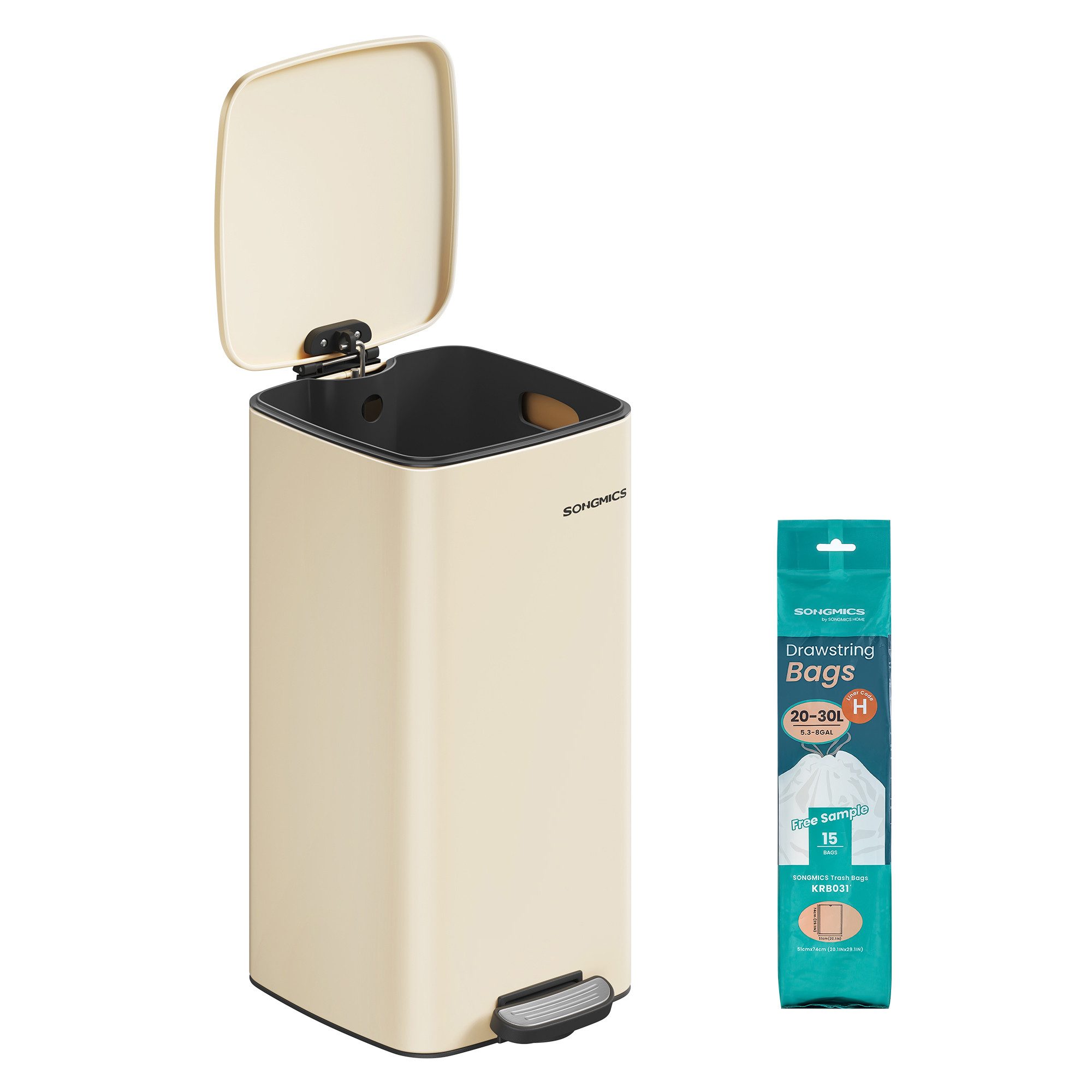 SONGMICS Mülleimer Tretmülleimer, Stahl, mit Inneneimer, Softclose, Offenhaltefunktion, 30 Liter Abfalleimer