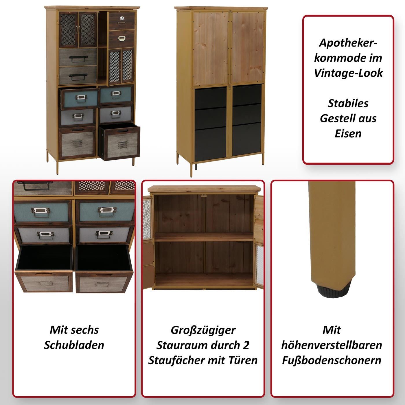 MCW Apothekerschrank MCW-O80-bM Mit sechs Schubladen, Im Vintage-Look
