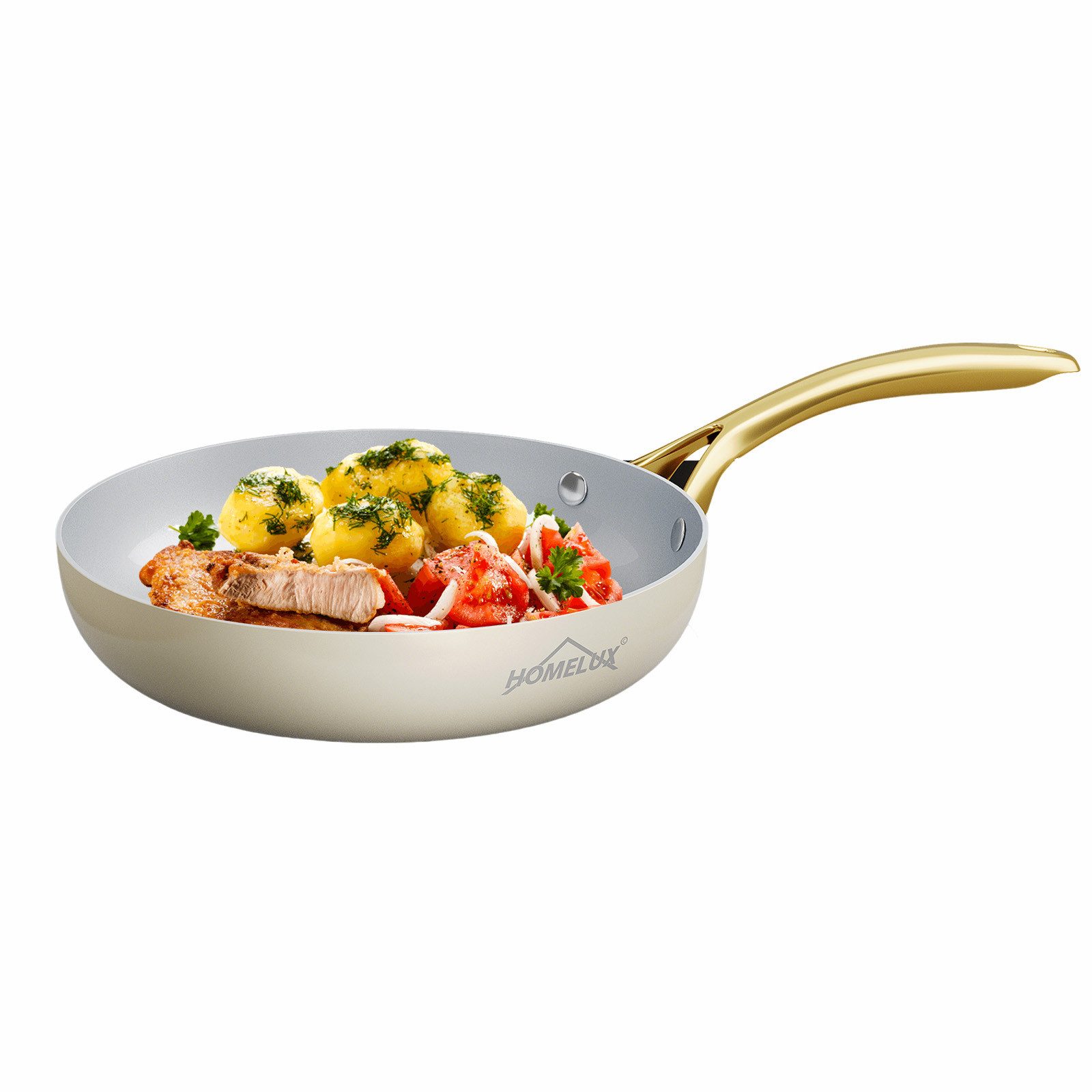 HOMELUX Pfannen-Set Bratpfanne Keramikpfanne Induktion Aluminium Pfanne mit Edelstahlgriff, Aluminium (Pfannenset, 1-tlg), Indukion,Keramikbeschichtung,weiß grau pfanne, gold griff