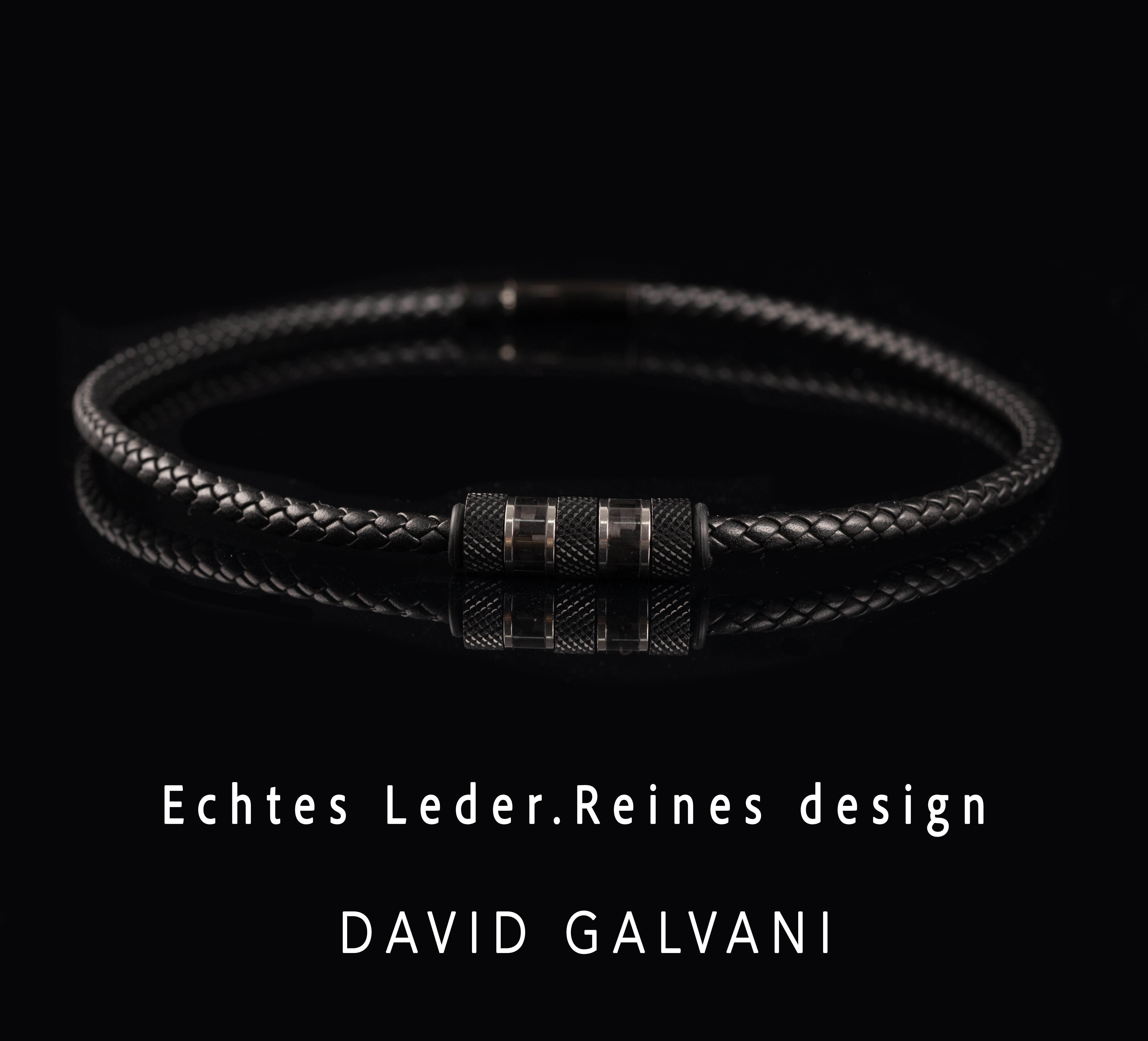 David Galvani Kette mit Anhänger Herren Lederkette Schwarz Echtleder Edelstahl-Beads 5 mm geflochten, Handmade in Deutschland – Bild 4 von 5