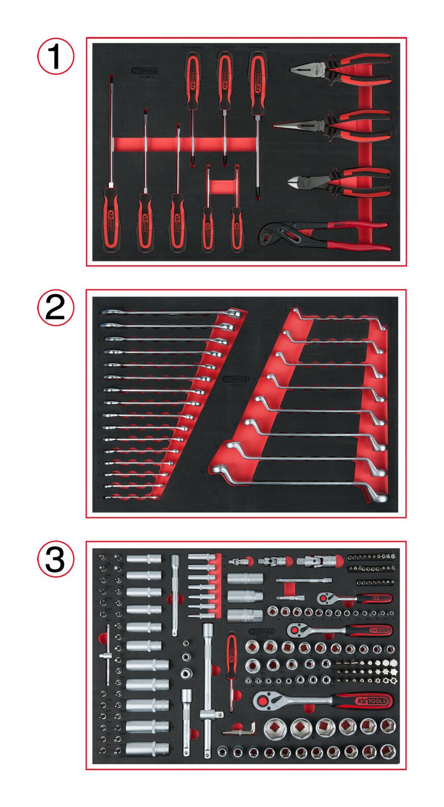KS Tools Werkzeugwagen, (215-tlg), Universal-Systemeinlagen-Satz f. 3 Schubladen m. 215 Premium
