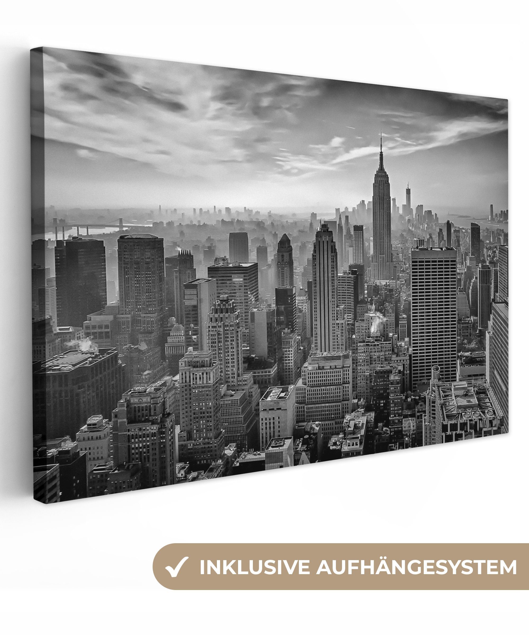 OneMillionCanvasses® Leinwandbild Architektur - St), - - und Skyline Aufhängefertig, New weiß Wandbild York, Schwarz Stadt 30x20 cm - (1 Leinwandbilder, Wanddeko