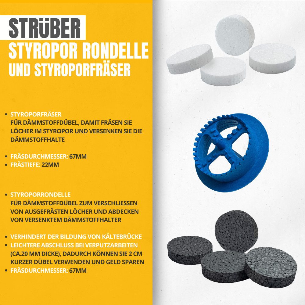STRÜBER Schrauben- und Dübel-Set Dämmstoffdübel mit Metalldorn + Weiß/Grau Styropor Rondelle + Fräser