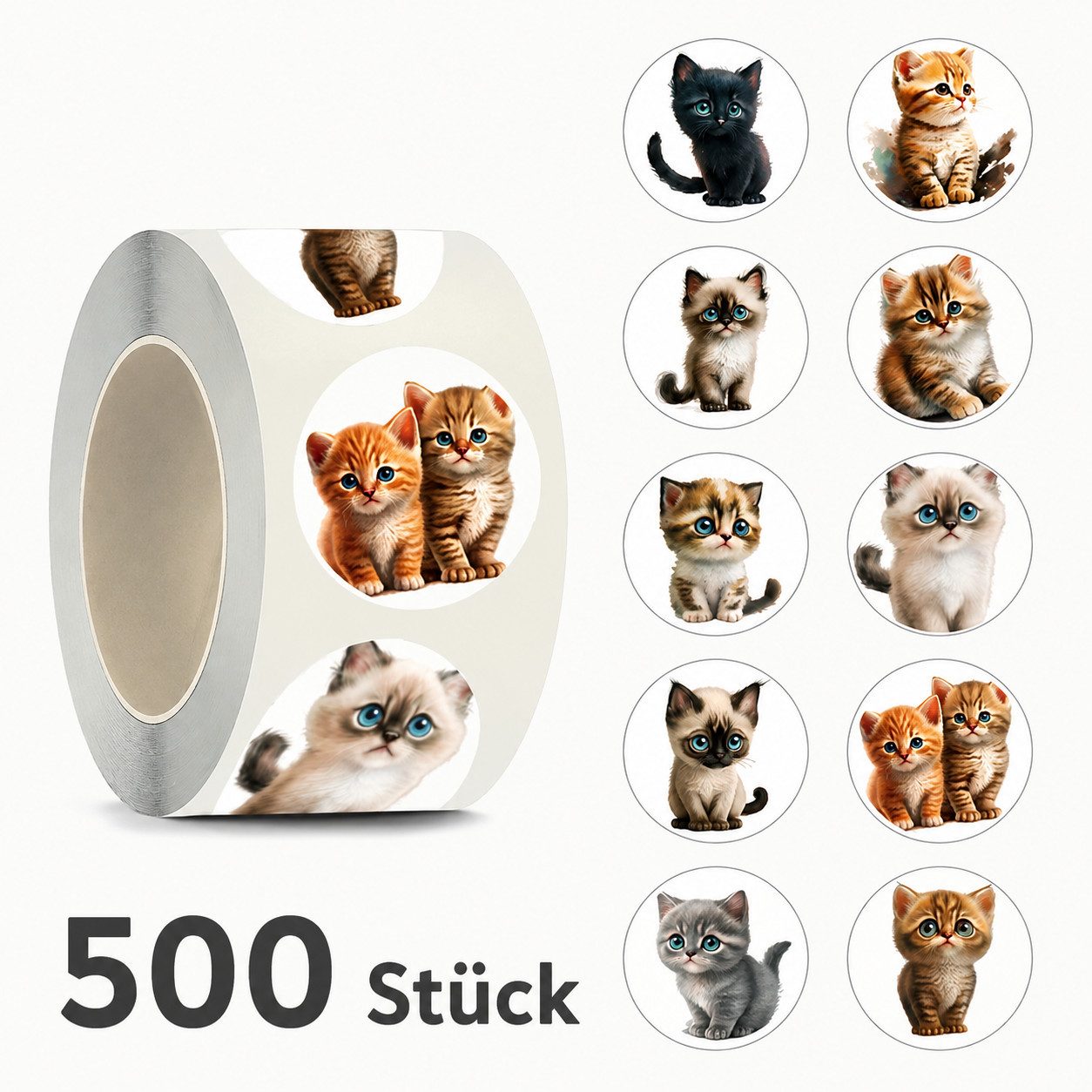 Ware aus aller Welt Sticker 500 Katzen Sticker Ø 2,4 cm – Süße Kätzchen Aufkleber Rund, (500-tlg)