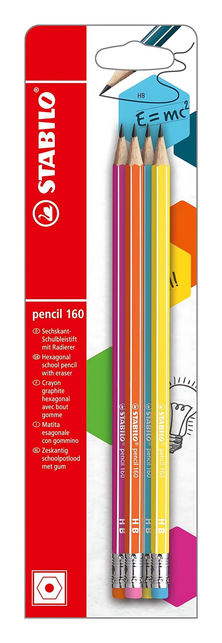 STABILO Bleistift STABILO pencil 160 mit Radierer HB pink blau orange gelb 4er Blister