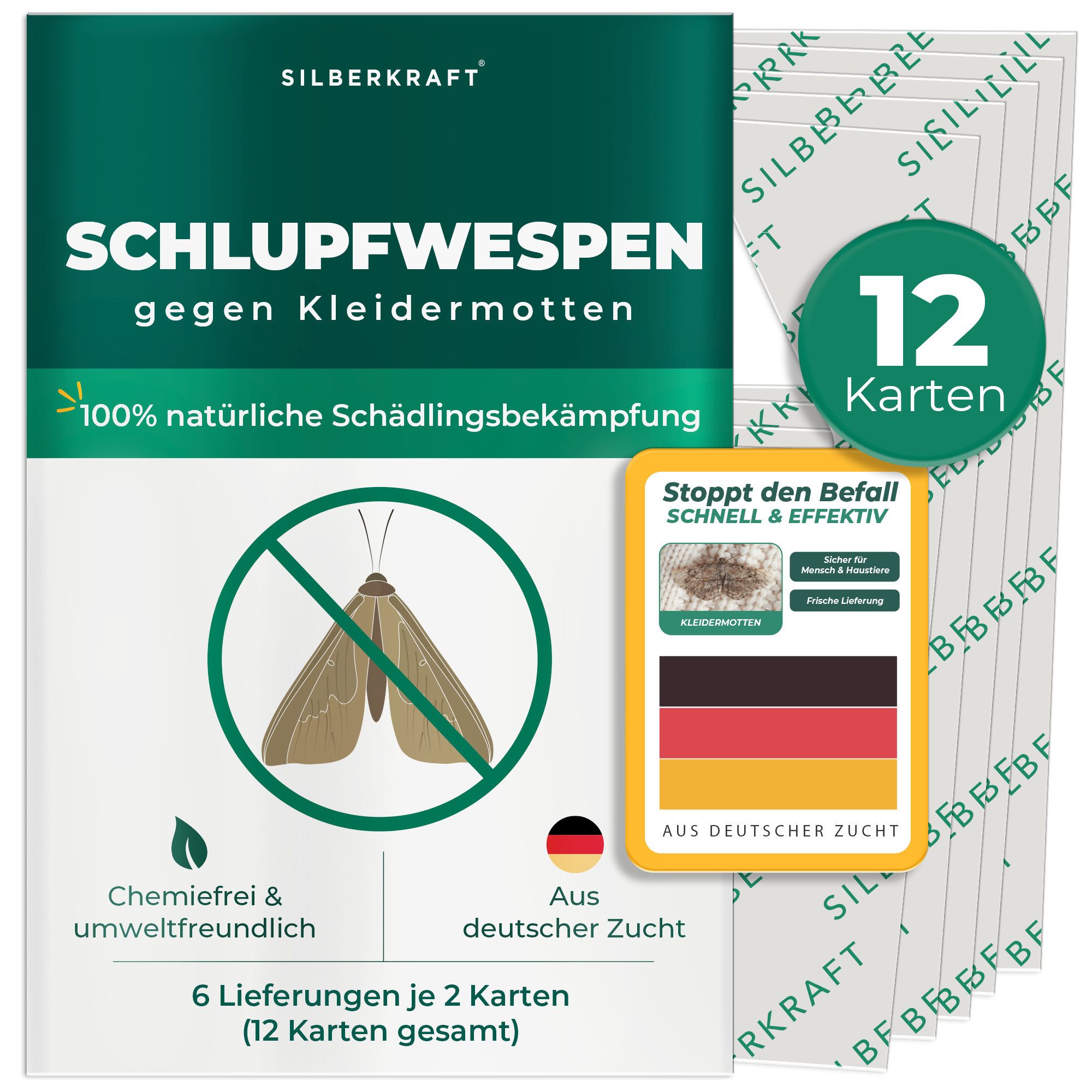 Silberkraft Insektenvernichter Schlupfwespen gegen Kleidermotten - Natürliche Mottenbekämpfung, 6 Lieferungen je 2 Karten (12 Karten gesamt) über 18 Wochen