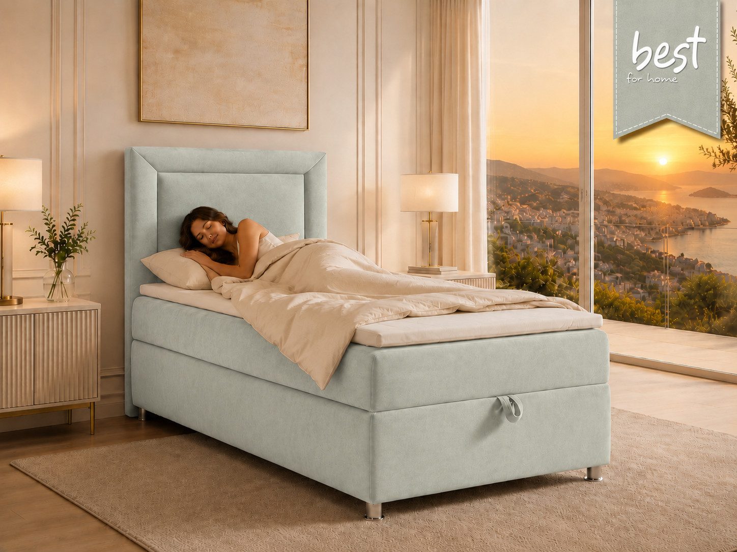 Best for Home Boxspringbett Trinity K-3 SINGLE mit Bettkasten & ca. 5 cm Topper (Einzelbett, Polsterbett mit gepolstertes Kopfteil, Jugendbett, Kinderbett versch. Größen, 3-St., 70x200 80x200 90x200 100x200 cm), Einzel-Boxspringbett mit integriertem Bettkasten