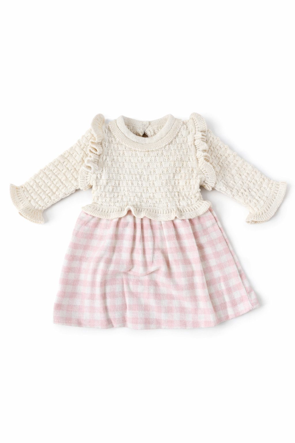 Lorey Medtec Strickkleid Baby Mädchen Kleid, 100% Baumwolle, Creme + rosa Karo, Rüschen-Design