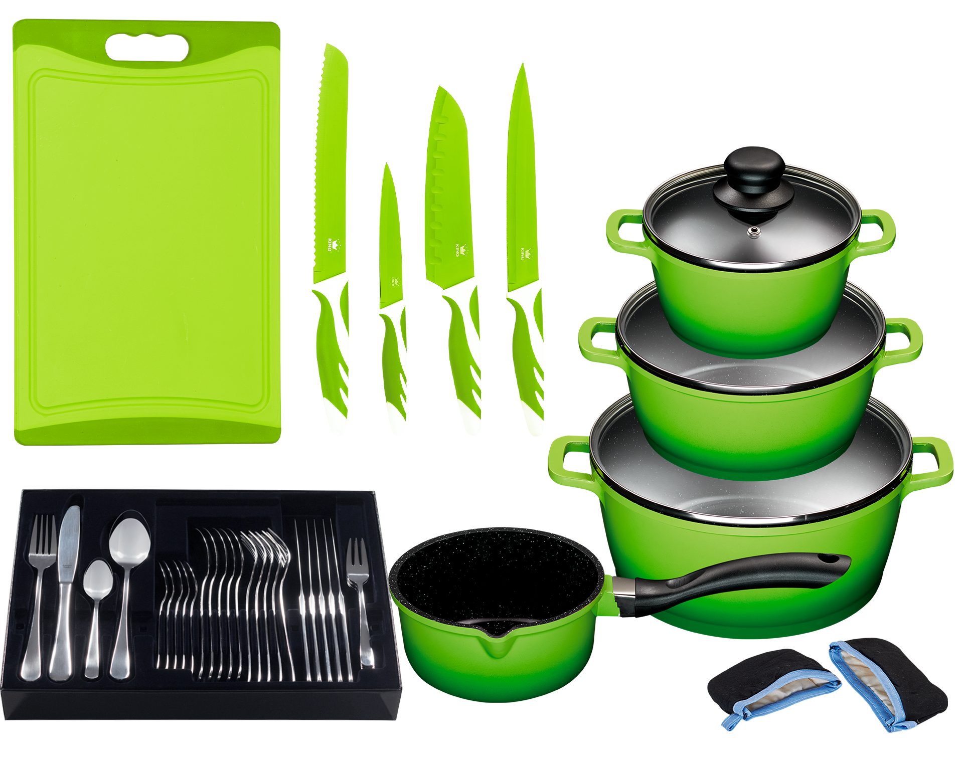 KING Topf-Set »ALUGUSS« Aluminiumguss, Induktion, Antihaftbeschichtung, Aluminiumguss (Set, 43-tlg., 3 Töpfe, 1 Stieltopf, 3 Glasdeckel), inkl. 4 Küchenmesser, 1 Schneidebrett, 1 Besteck-Set + Etui