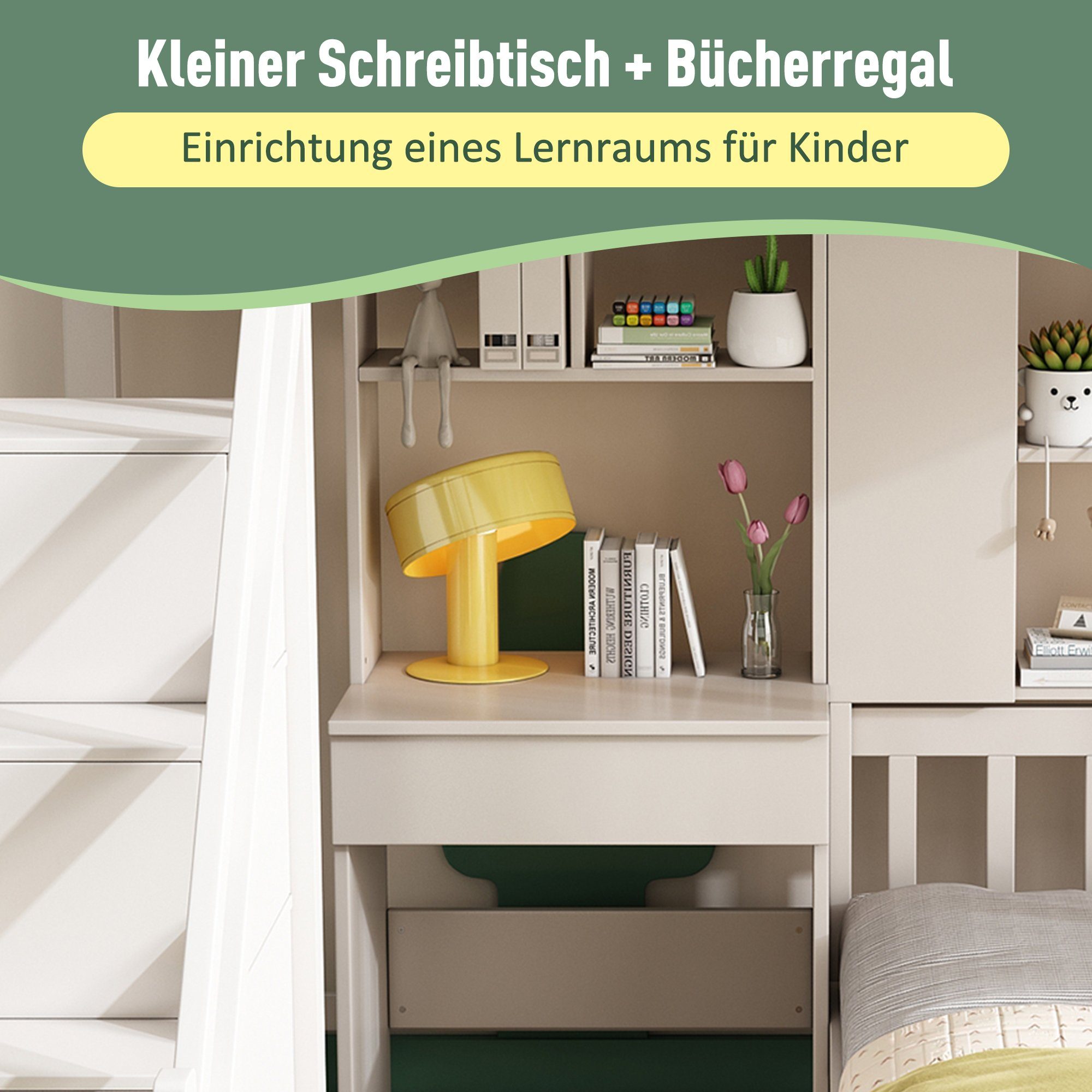 mit und Schreibtisch Treppe 90x200cm Kiefernholz Kinderbett Flieks Etagenbett,