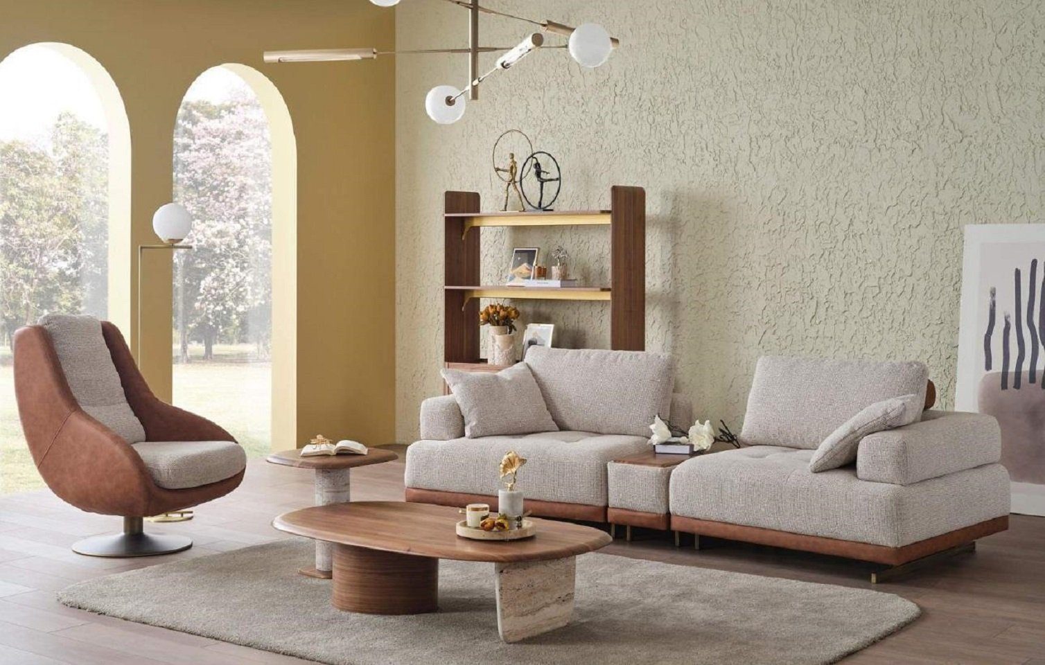 JVmoebel Wohnzimmer-Set Beige Sofa, Wohnzimmer Sessel), 3 Sitzer 3+1 Sofagarnitur (2-St., Set Sitzer Made Modern + Design Nur in Europe