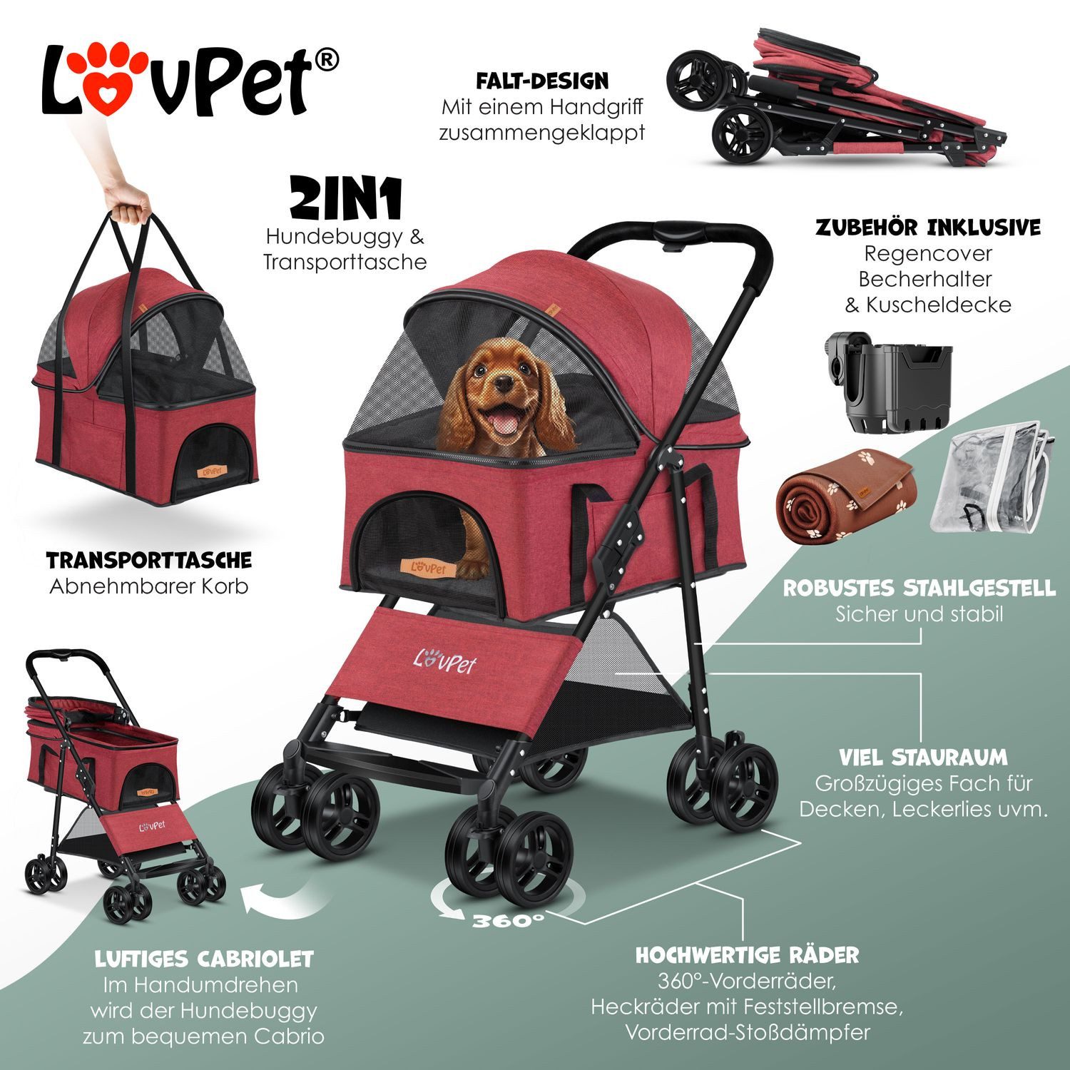 Thumbnail - Lovpet Hundebuggy 2in1 Hundewagen max. bis 20kg Buggy für Haustiere, (Hundebox & Tasche mit Regenschutzabdeckung Getränk...