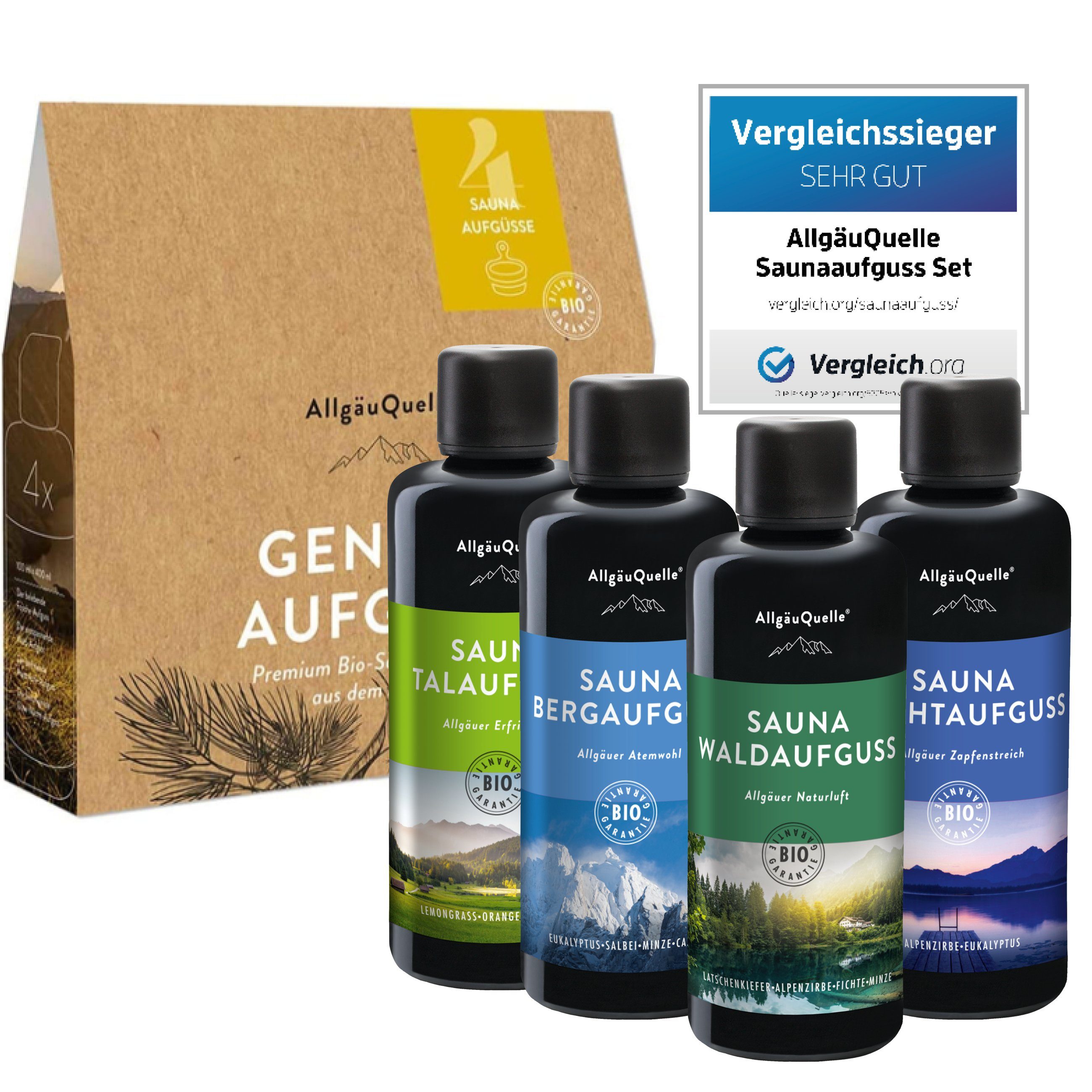 Allgäuquelle Sauna-Aufgussset BIO Saunaaufguss Genuss Saunaduft Set (4 x 100ml) Lemongrass, Orange, Bergamotte, Eukalyptus, Zirbe, Kiefer,Salbei,Minze