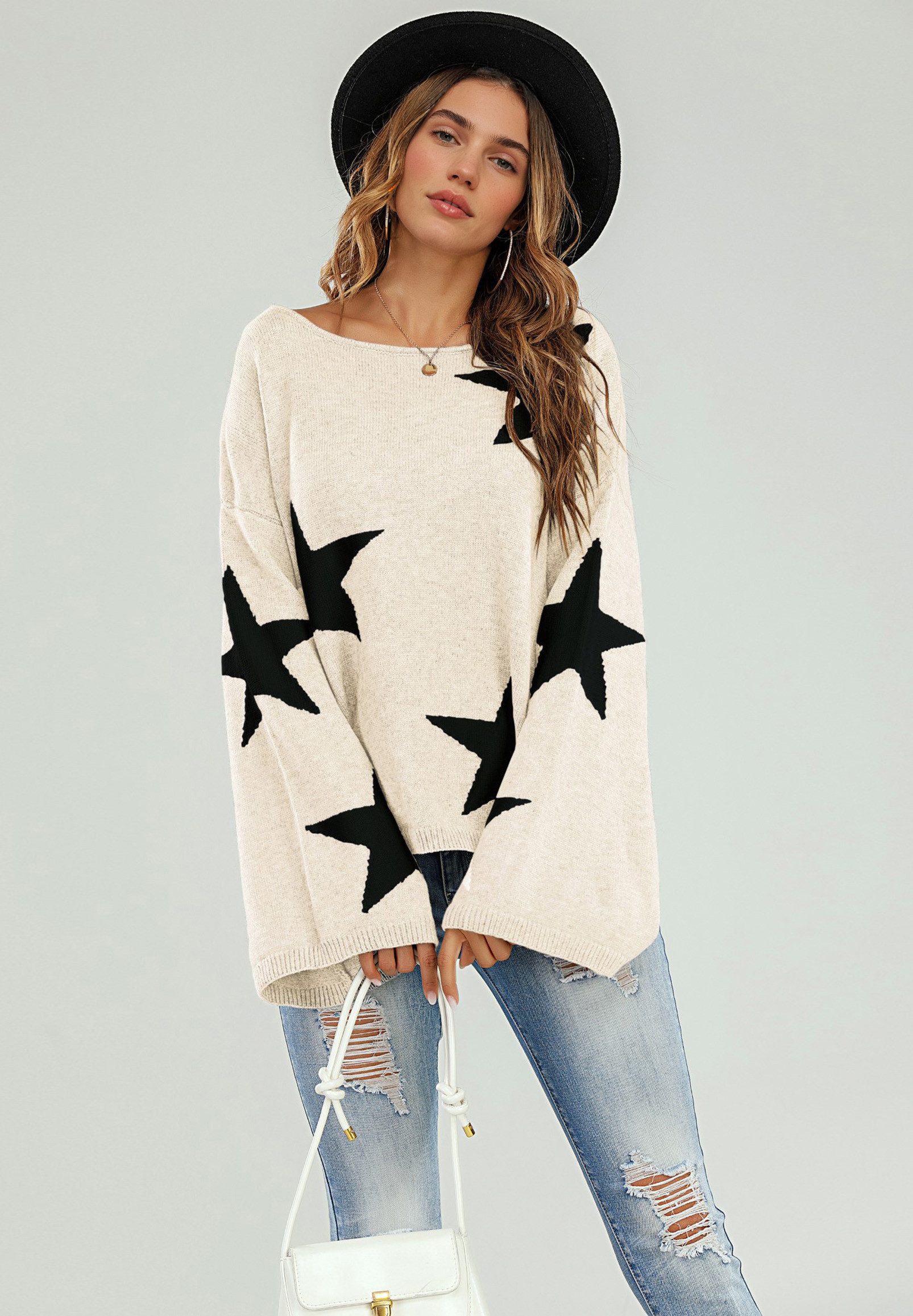 FS Collection Strickpullover Oversize Pullover mit weiten Ärmeln und Stern – Strickwaren (Einheitsgröße: UK 8–12 / EU 36–40, 5 Farben : Grau, Schwarz, Creme, Rot, Dunkelgrün) 100 % Acryl