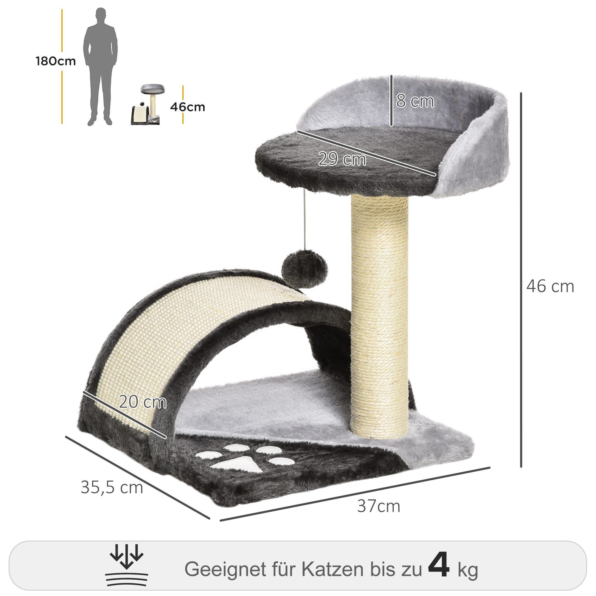 PawHut Kratzbaum Katzenbaum mit Spielbällen Katzenkratzbaum, Sisalseil-Kratzstangen Grau 35.5 x 37 x 46 cm
