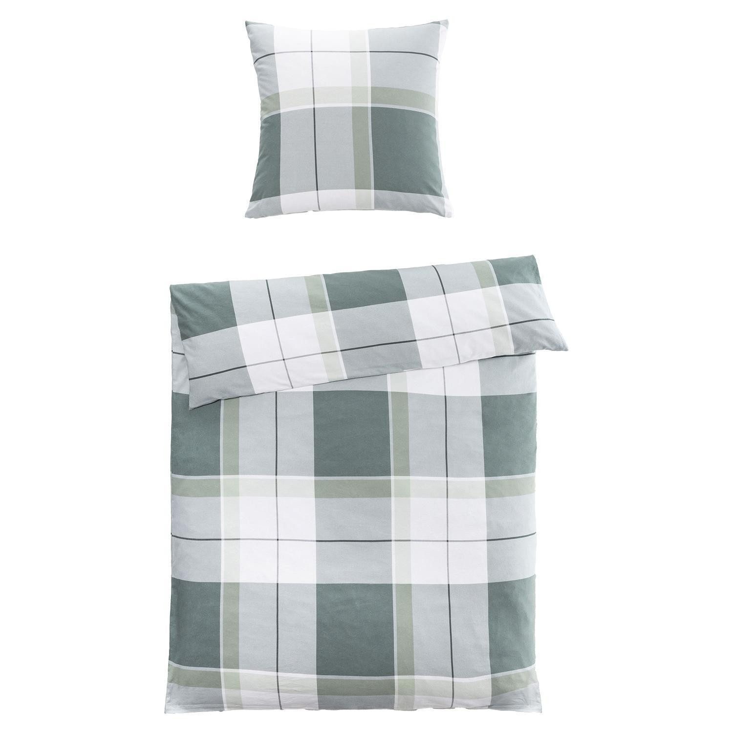 casa NOVA Bettwäsche CLAIRE, 135 x 200 cm, Grün, Weiß, Karomuster, Flanell, 2 teilig, mit Reißverschluss