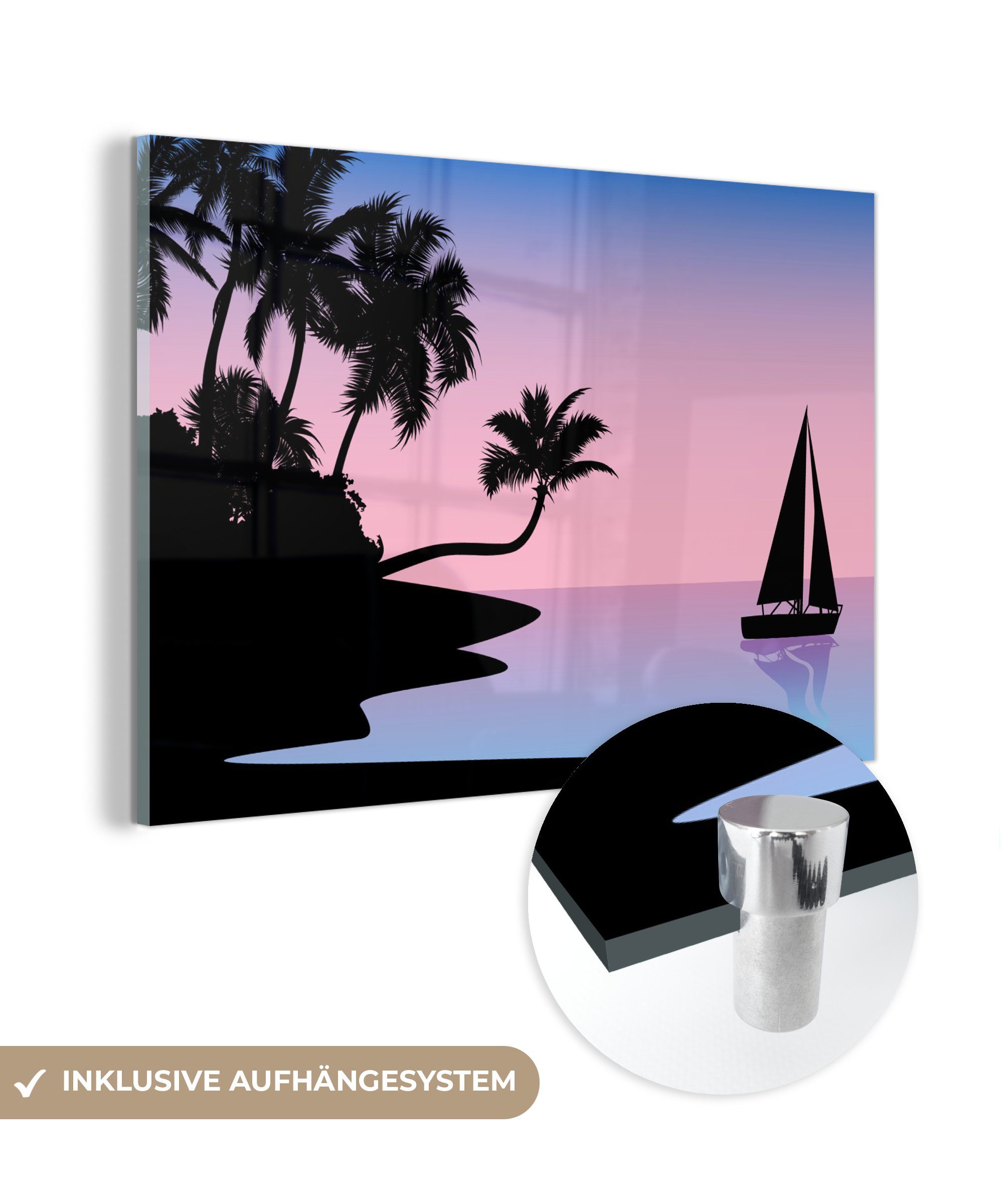 MuchoWow Acrylglasbild Strand - Boot - Palme - Schatten, (1 St), Acrylglasbilder Wohnzimmer & Schlafzimmer
