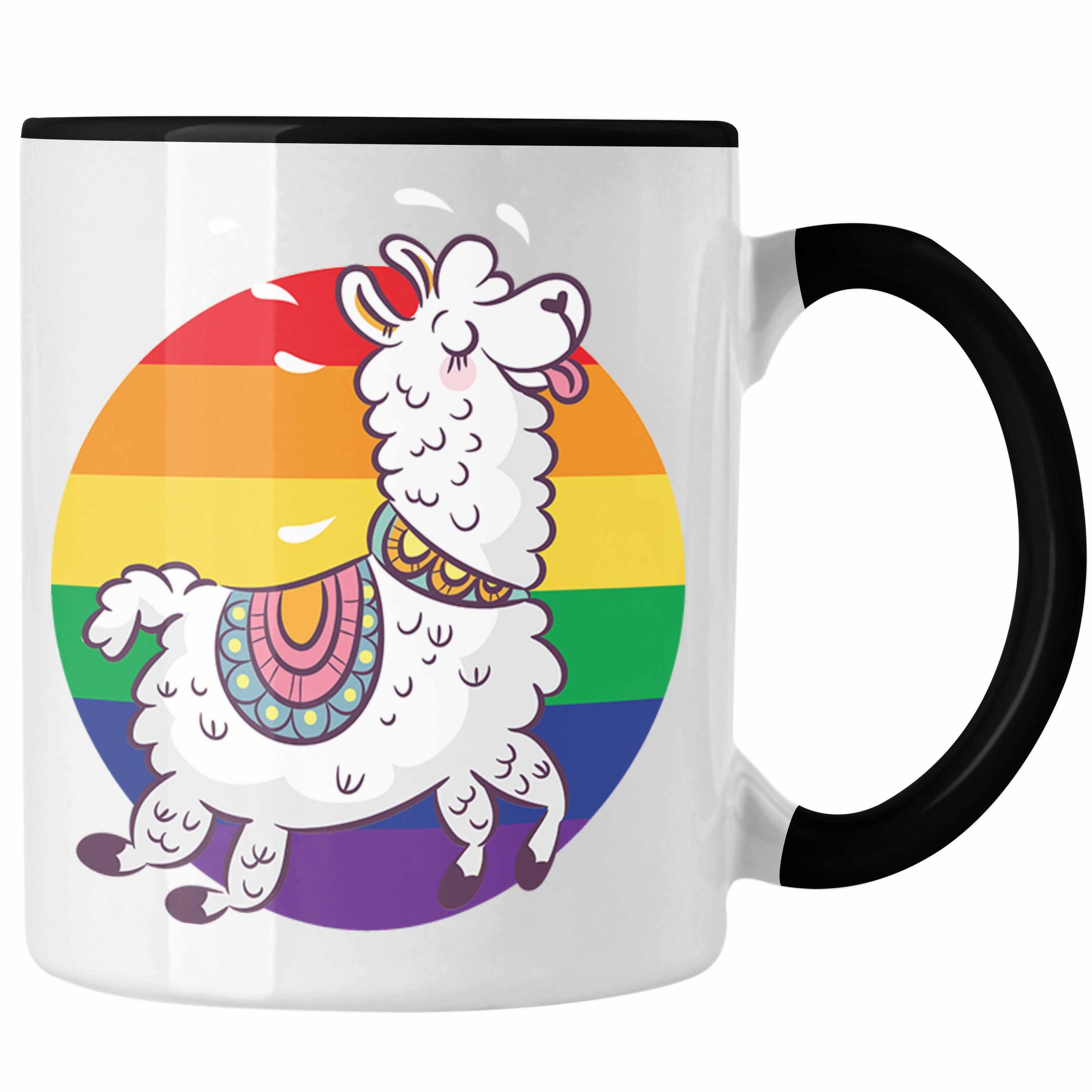 Trendation Tasse Trendation - Regenbogen Tasse Geschenk LGBT Schwule Lesben Transgender Grafik Pride Tolles Llama Schwarz