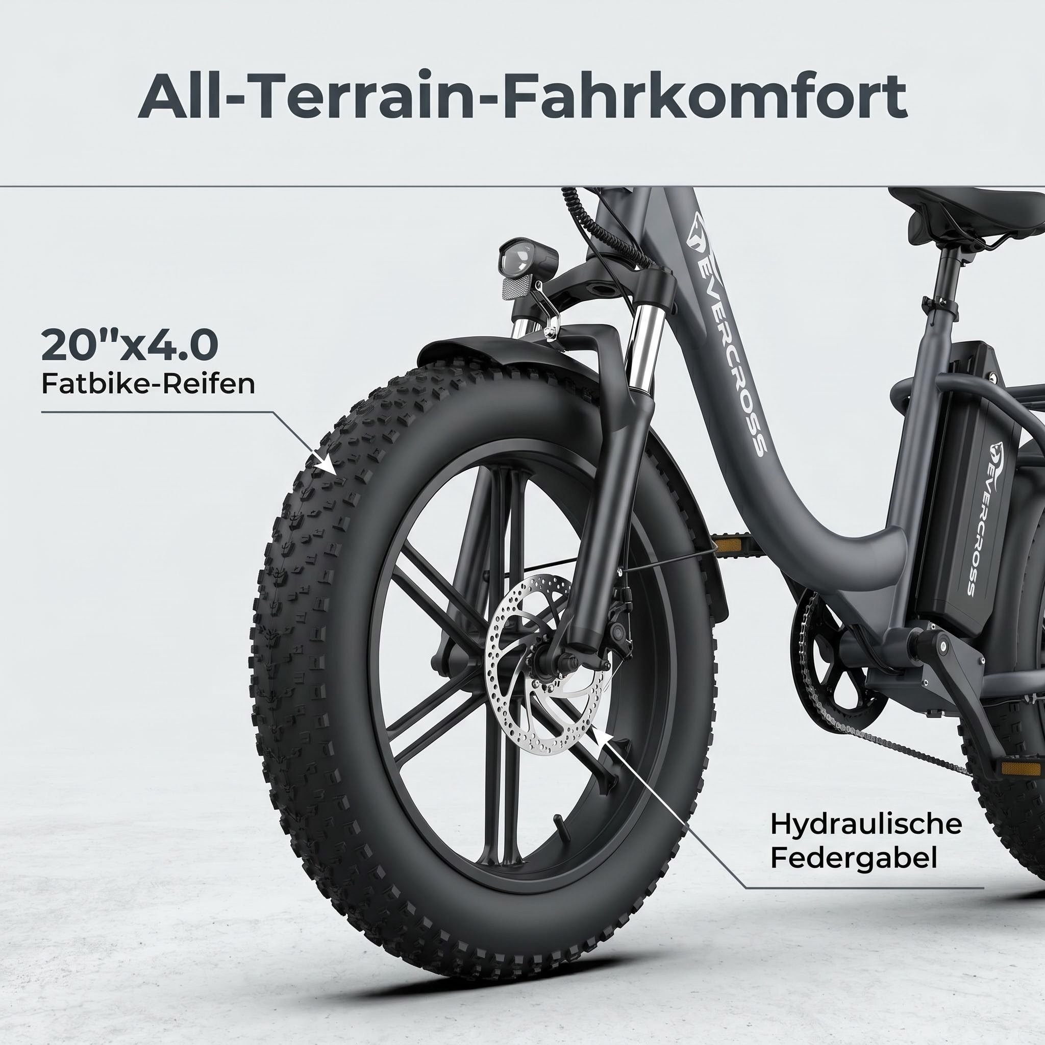EVERCROSS TECH E-Bike 20×4.0 Fatbike, 7-Gang Shimano, 48V 18Ah abnehmbarer Akku 130km, Heckmotor, 864 Wh, 250W Motor Elektrofahrräder für Damen und Herren – Bild 5 von 5