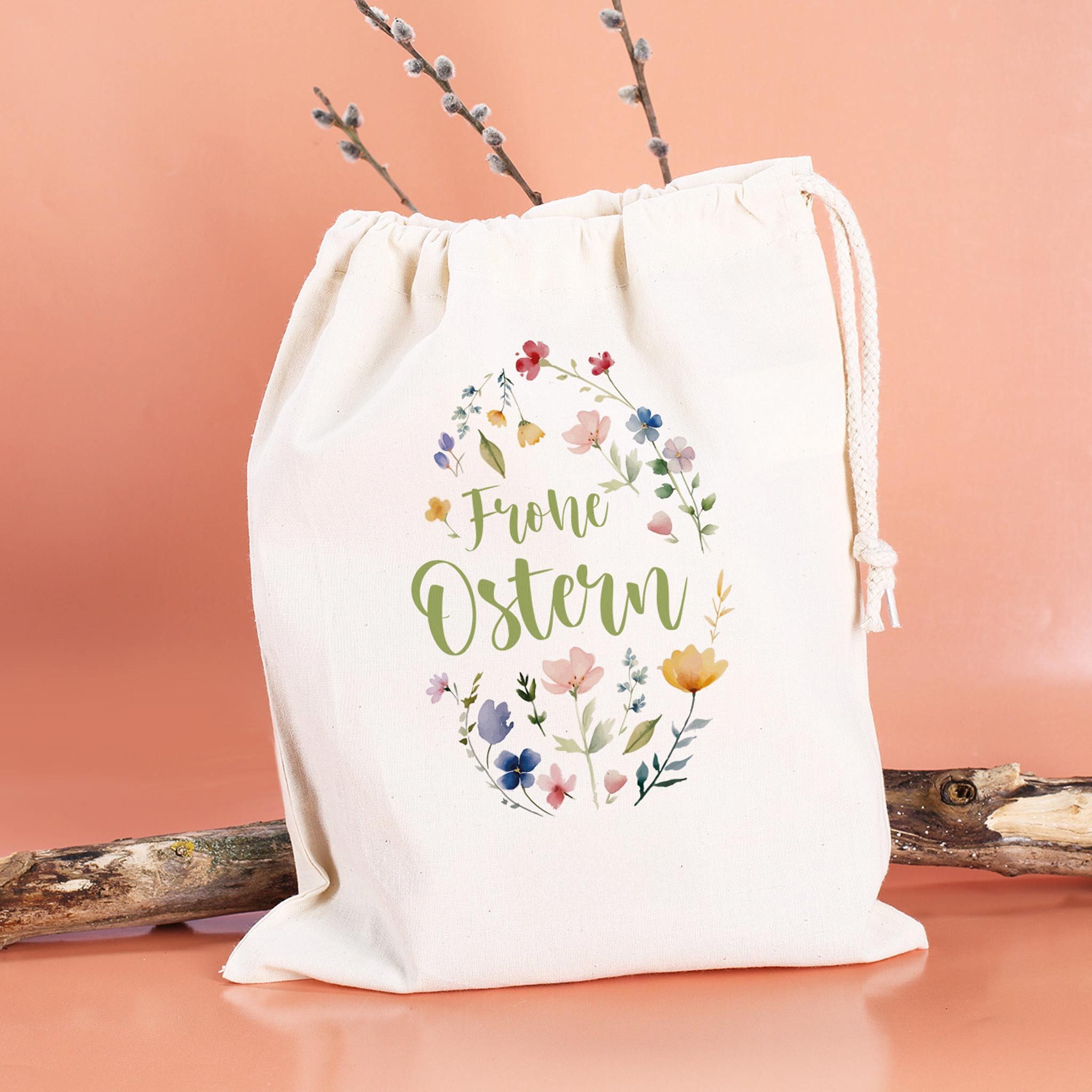 Herz & Heim Beuteltasche Geschenksack zu Ostern – Stoffbeutel aus Baumwolle mit Oster-Motiv, mit Kordelzug