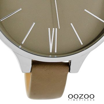 OOZOO Quarzuhr Oozoo Damen Armbanduhr beige, Damenuhr rund, groß (ca. 45mm) Lederarmband, Fashion-Style