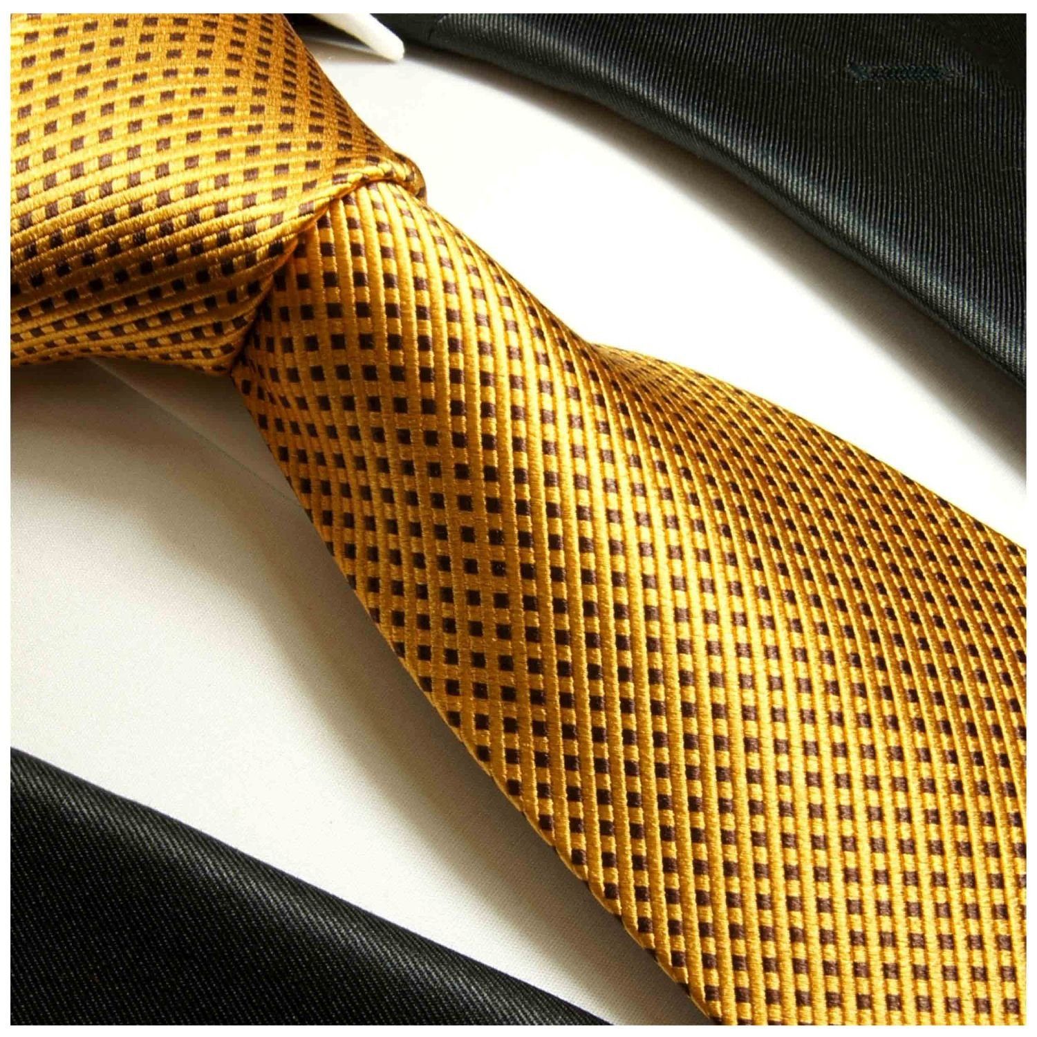 Seidenkrawatte Krawatte Malone modern Herren 2-St., mit 949 Krawatte (Set, 100% (6cm), Paul Einstecktuch) braun und gold Schmal Tuch Seide gepunktet