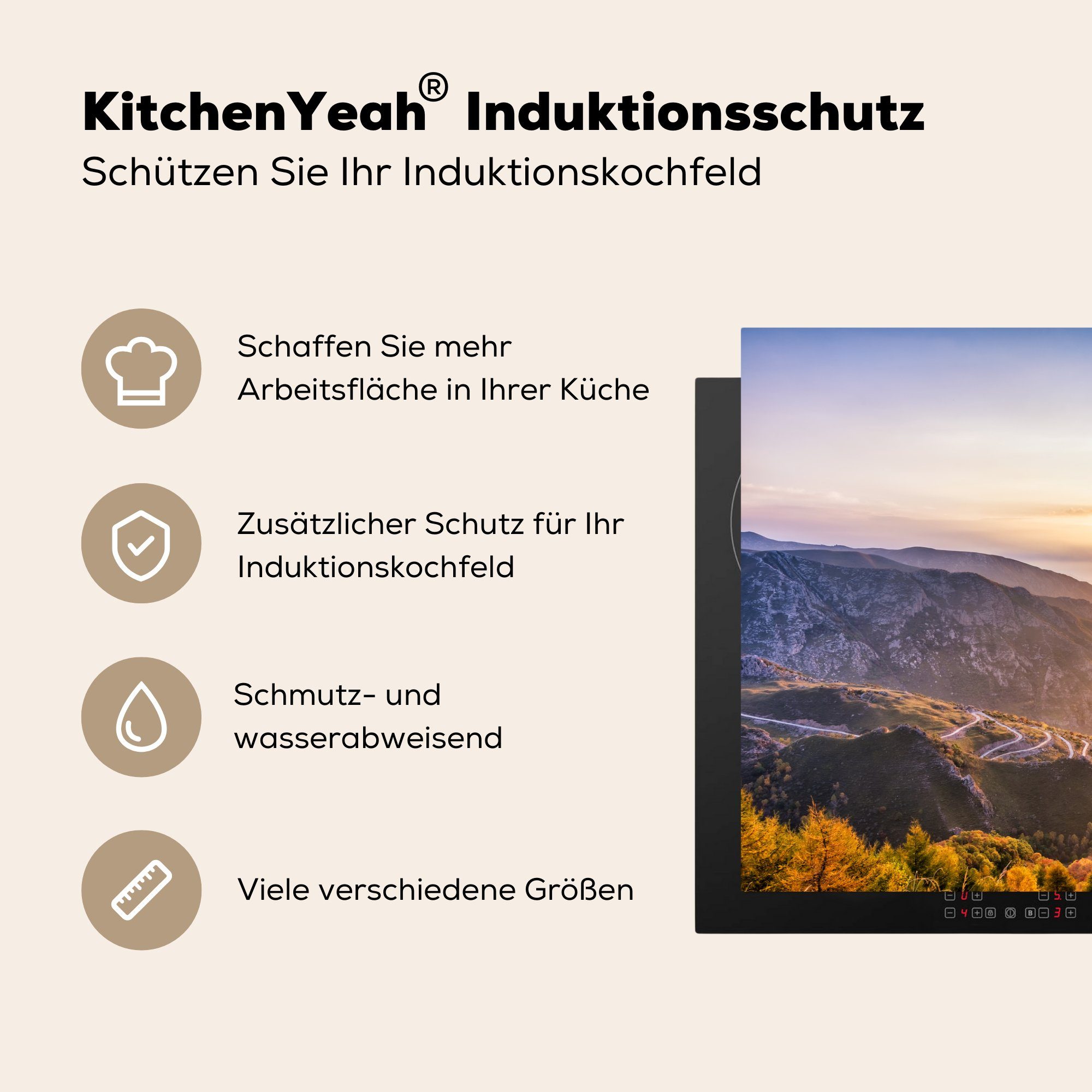 - Induktionskochfeld 81x52 Vinyl, (1 Schutz Landschaft, cm, MuchoWow für Licht Herdblende-/Abdeckplatte - die küche, tlg), Ceranfeldabdeckung Berge