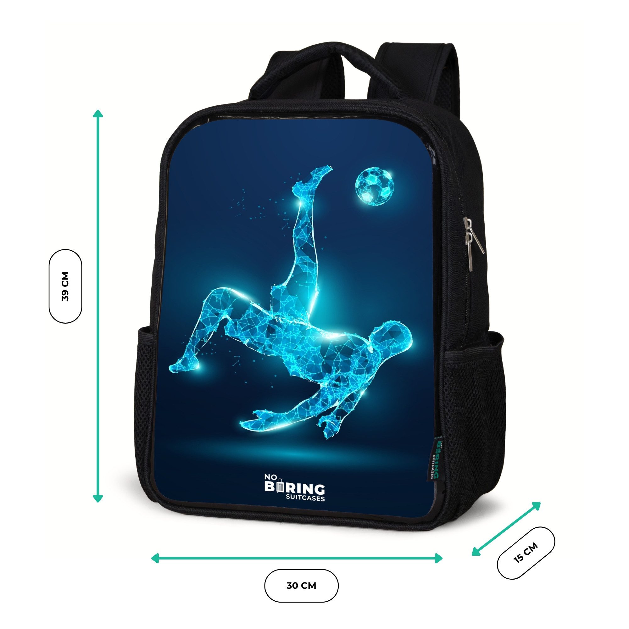 NoBoringSuitcases.com© Rucksack Schwarz - Omake in blauem Neon-Fußball, Kinderrucksack Schwarz, Schulrucksack, Freizeitrucksack Jungen Mädchen – Bild 5 von 5