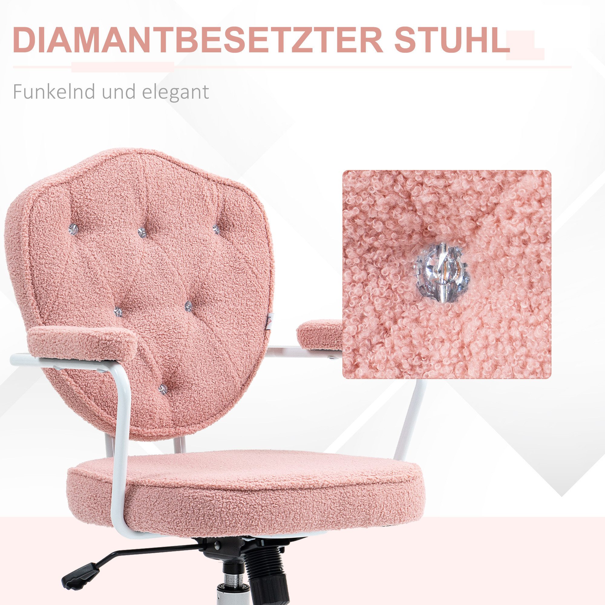 HOMCOM Bürostuhl Ergonomisch Schreibtischstuhl Wippfunktion höhenverstellbar (Computerstuhl, 1 St), für Home Office, Teddybärvlies, Rosa – Bild 4 von 5