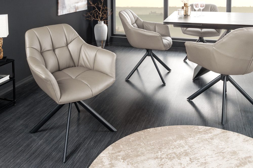 riess-ambiente Polsterstuhl PAPILLON taupe/schwarz – Echtleder, Metall, mit Armlehne, Steppung (Einzelartikel, 1 St), 180° drehbar & automatischer Rückführung – ideal für Esszimmer & Büro