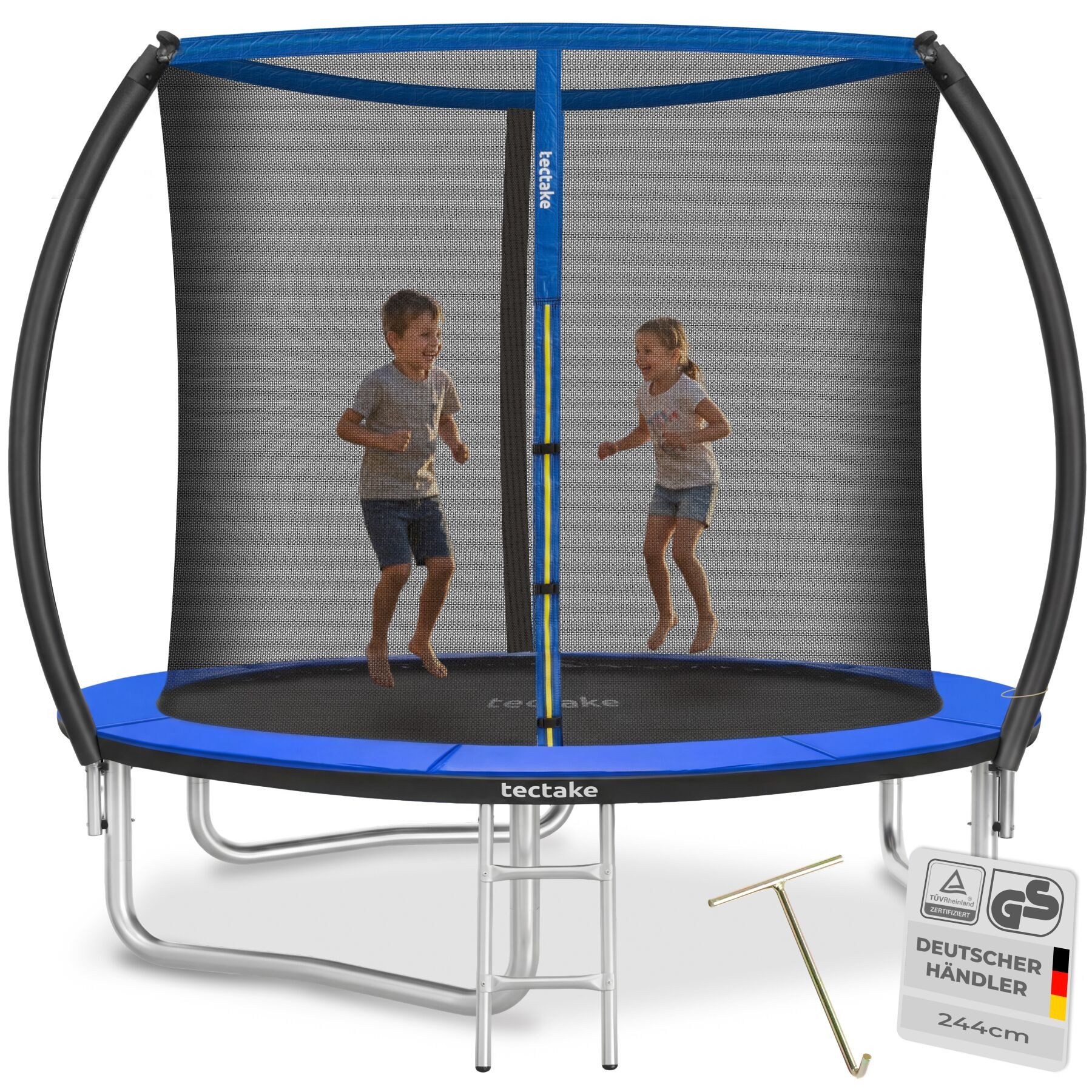 tectake Gartentrampolin Kindertrampolin mit Einstiegsleiter und Sicherheitsnetz Ø 244 cm, (Outdoortrampolin Jumpy, in schwarz/blau), GS zertifiziert, Randabdeckung, reißfestes Sprungtuch