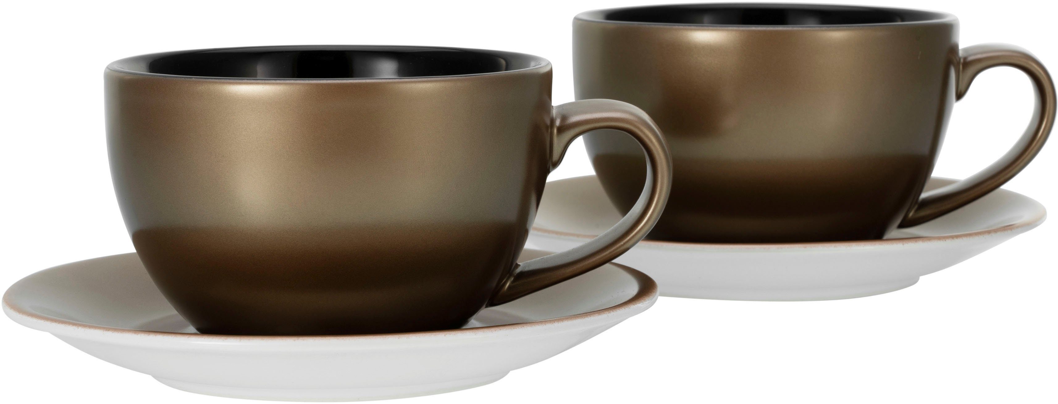 inkl. Days, Cappuccinotasse CreaTable Gold-Schwarz Untertasse Golden 4-teilig, Steinzeug,