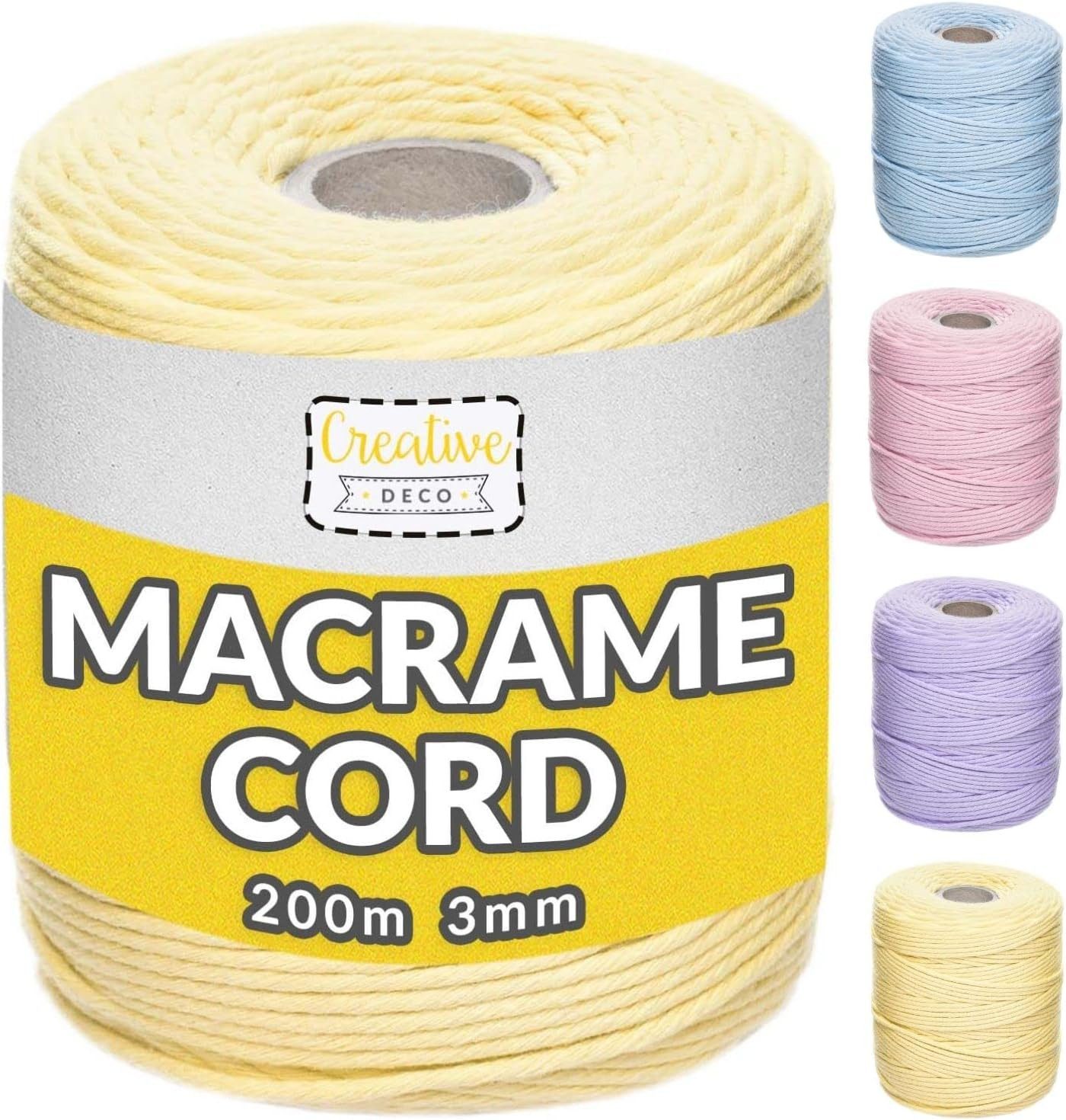 Creative Deco Makramee Garn 2-3 mm Baumwoll Polyester Baumwollkordel Baumwollschnur Nähgarn, 200,00 m, geliefert auf einer Spule