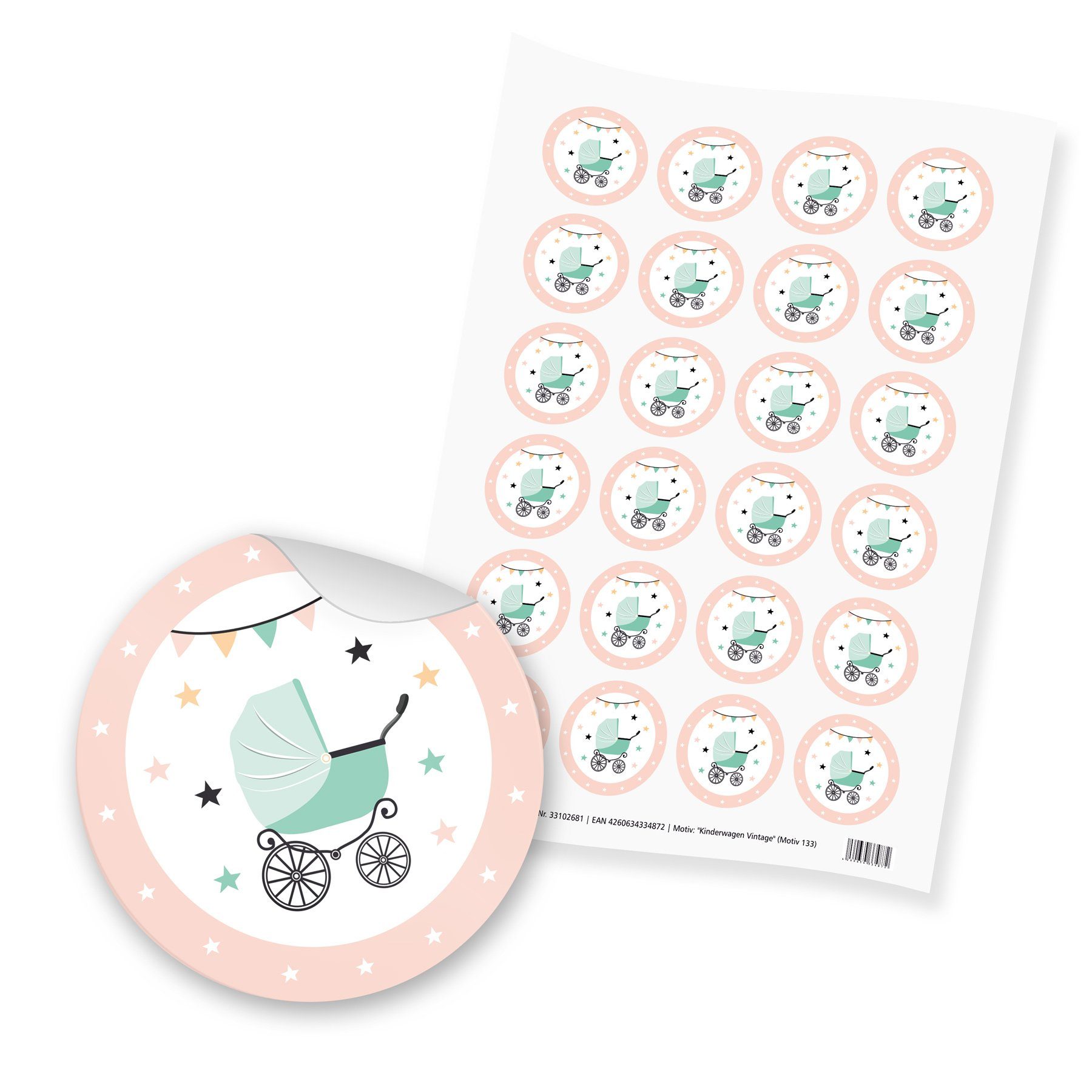 Aufkleber itenga 24x Sticker "Kinderwagen Vintage" (Motiv 133) rosa mint pastell