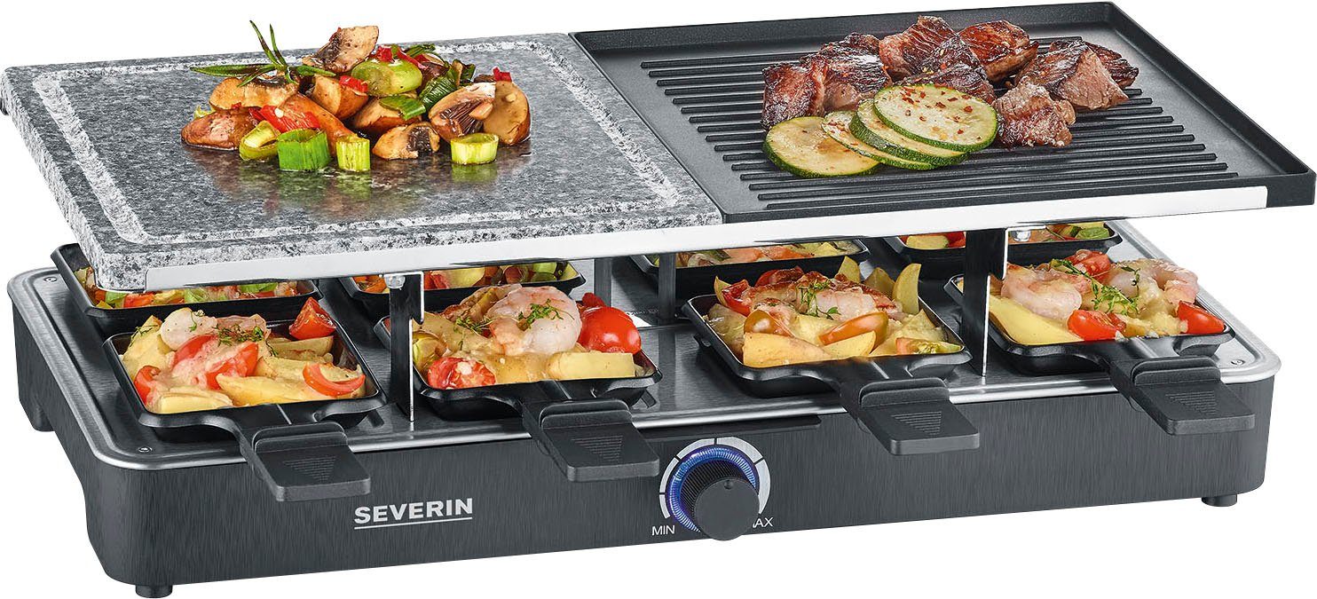 Severin Raclette RG 2376 mit Naturgrillstein und Grillplatte, 8 Raclettepfännchen, 1300 W