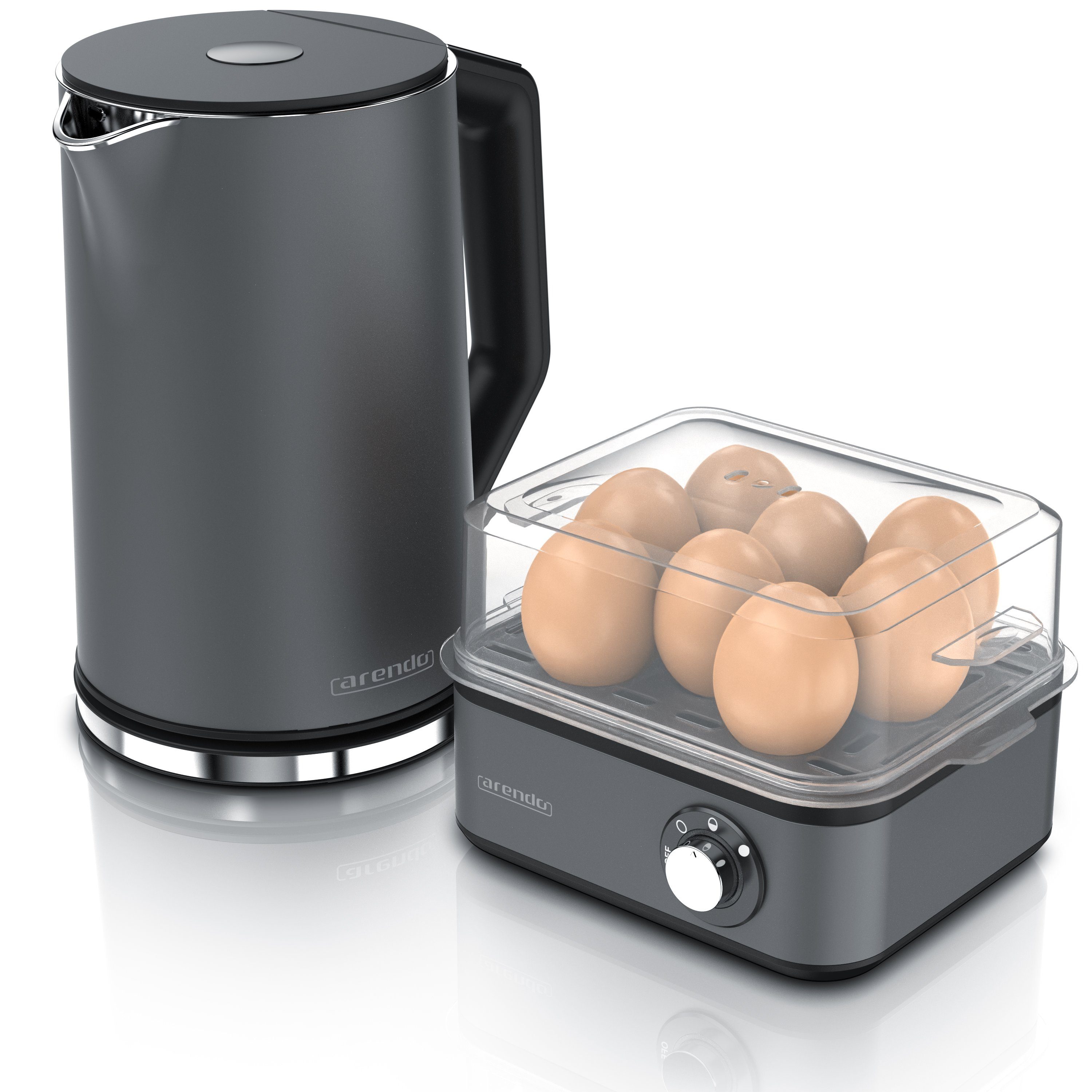 mit Edelstahl, Temperaturwahl Arendo Frühstücks-Set Eierkocher, Wasserkocher 1,5l (2-tlg), Grau &