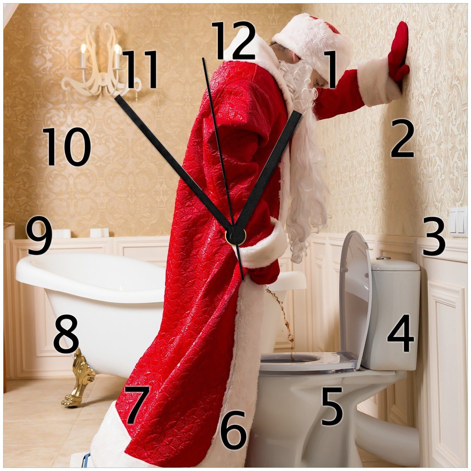 Weihnachtsmann auf edler pinkelt Wanduhr macht Toilette Pause und Wallario (Glasuhr)
