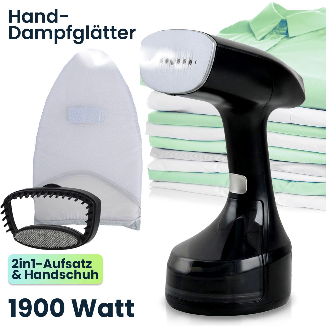 shop'n smile ideoon Dampfglätter Hand Dampfglätter mit 1900W, 300ml Wassertank, 30g/Min Dampf, 1900 W, 3 Stufen, inklusive 2 Aufsätzen & Handschuh, Dampfbürste