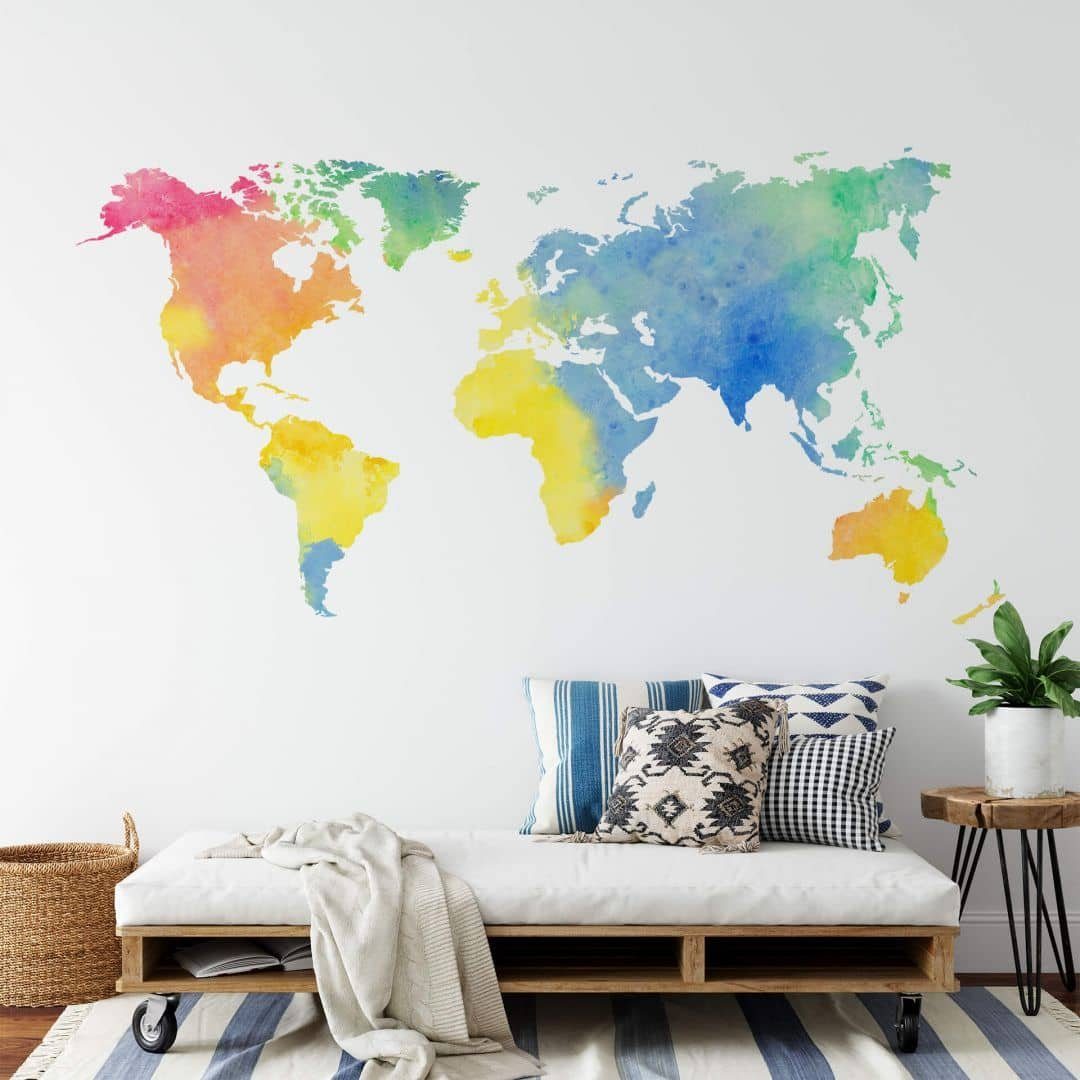 K&L Wall Art Wandtattoo Klebebilder Aquarell große Weltkarte Regenbogen 120x62cm Sticker, Wandbild selbstklebend, entfernbar