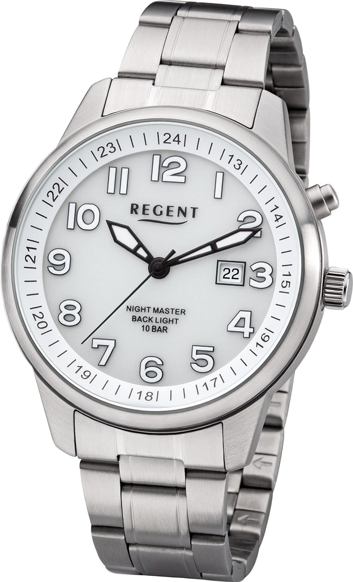 F-1187 (ca. Regent Quarzuhr Uhr Regent Analog, Metallarmband Herrenuhr Metall groß Herren Gehäuse, rundes 41mm) silber,