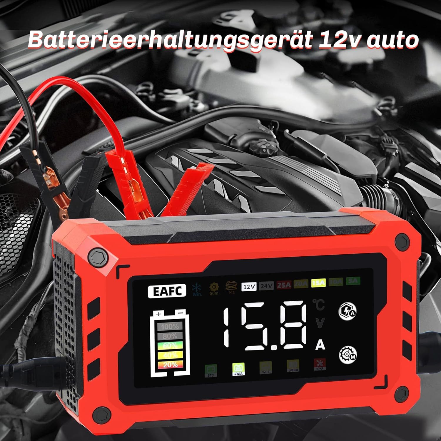 Athlix Ladegerät für Autobatterie 15A, Starthilfe Schnellladung Auto Motorrad Autobatterie-Ladegerät (9-Stufen-Ladesystem, breite Kompatibilität, Blei-Säure, AGM, GEL, EFB)