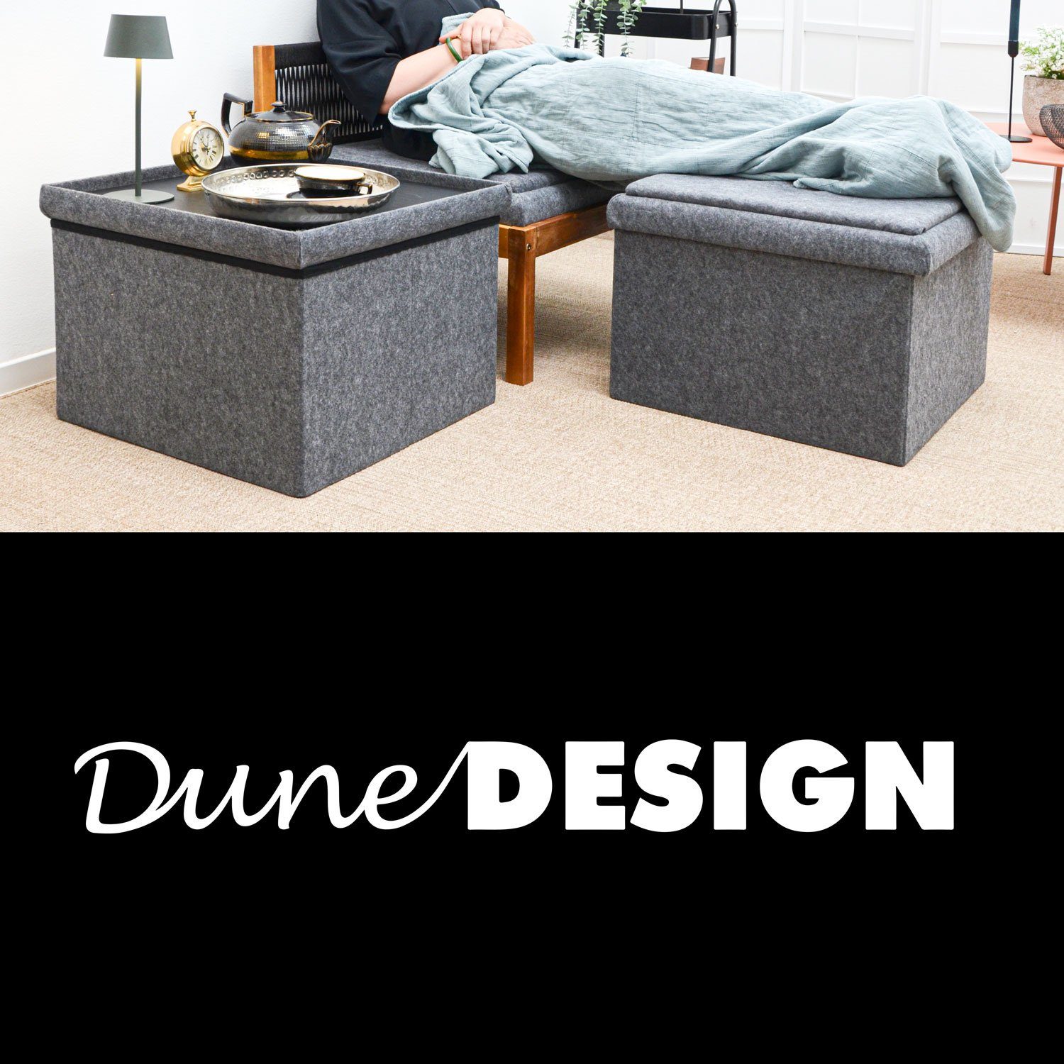 DuneDesign Sitzwürfel 3-in-1 mit 56x56x40 Beistellhocker Sofa Stauraum Grau Sitzhocker Hocker Filz
