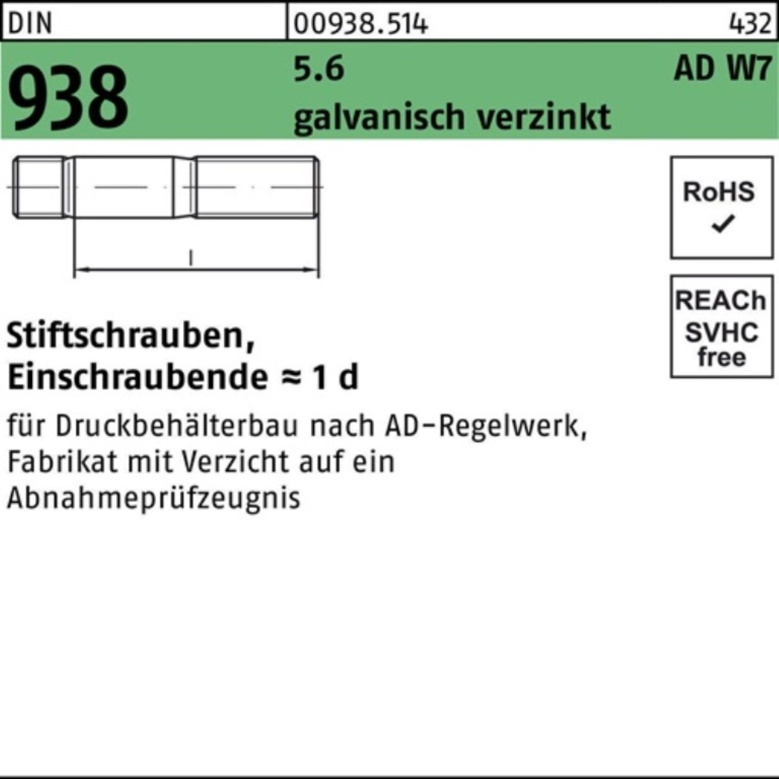 Reyher Pack Stiftschraube Stück DIN 100er 100 Stiftschraube DIN 5.6 galv.verz. 938 50 M10x