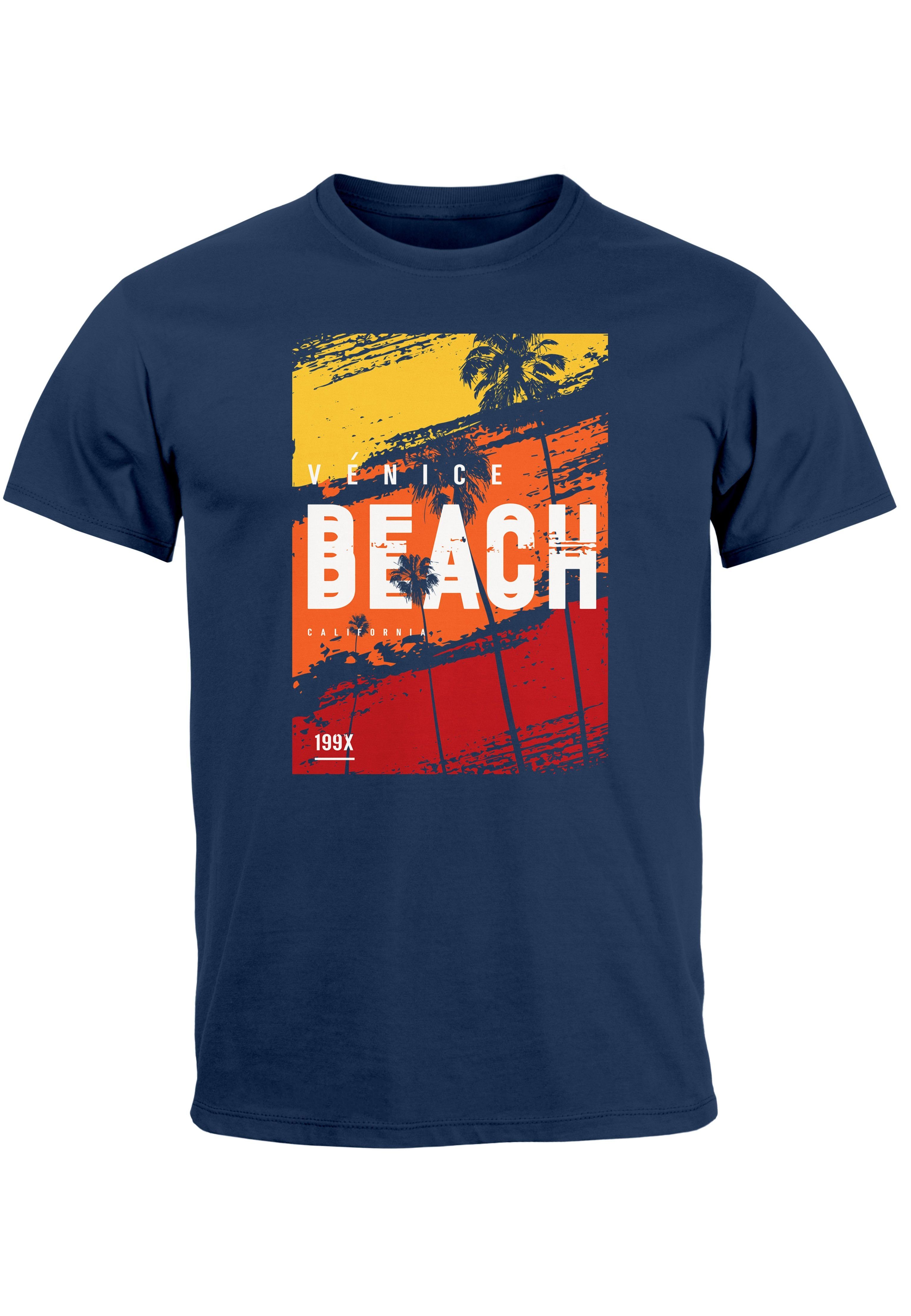 Neverless navy Sommer Motiv Strand Palme Print Surfing Beach mit T-Shirt Herren Venice Print-Shirt Aufdruck