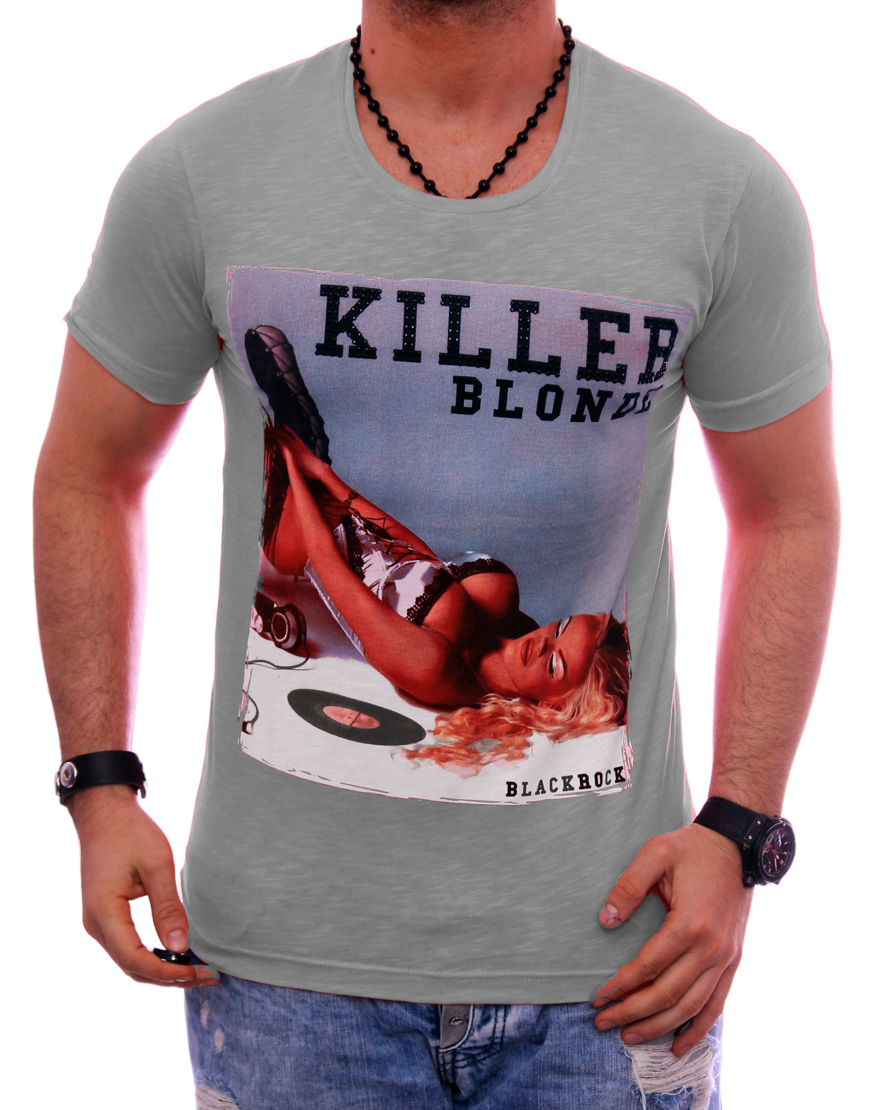 BLACKROCK T-Shirt Herren Shirt T-Shirt Urlaub Motiv kurzarm Rundhals bedruckt Print Strasssteine Slim-Fit Grau