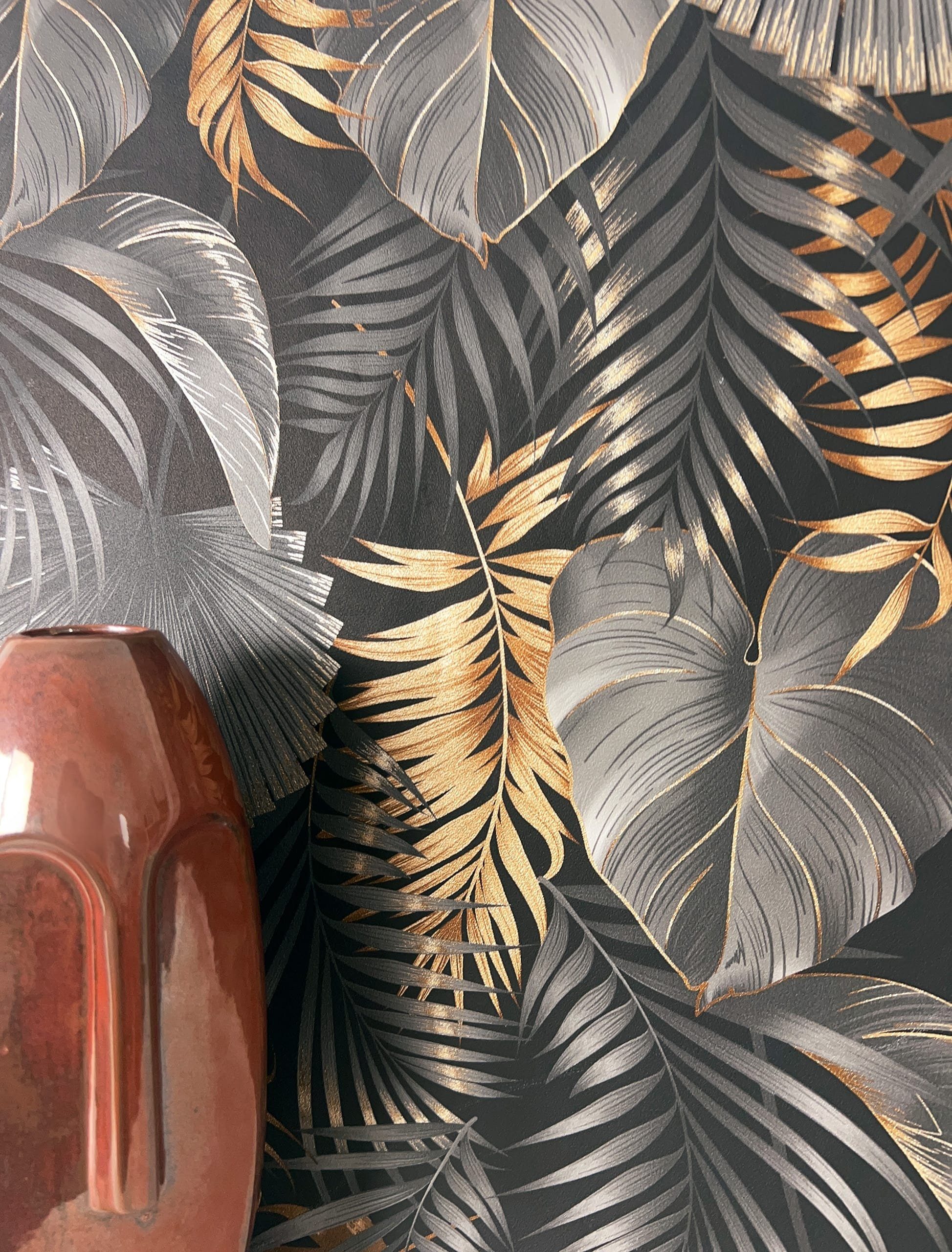 Newroom Vliestapete, Schwarz Tapete Modern Dschungel - Mustertapete  Blumentapete Gold Grau Tropisch Floral Palmen Blätter für Wohnzimmer  Schlafzimmer Küche