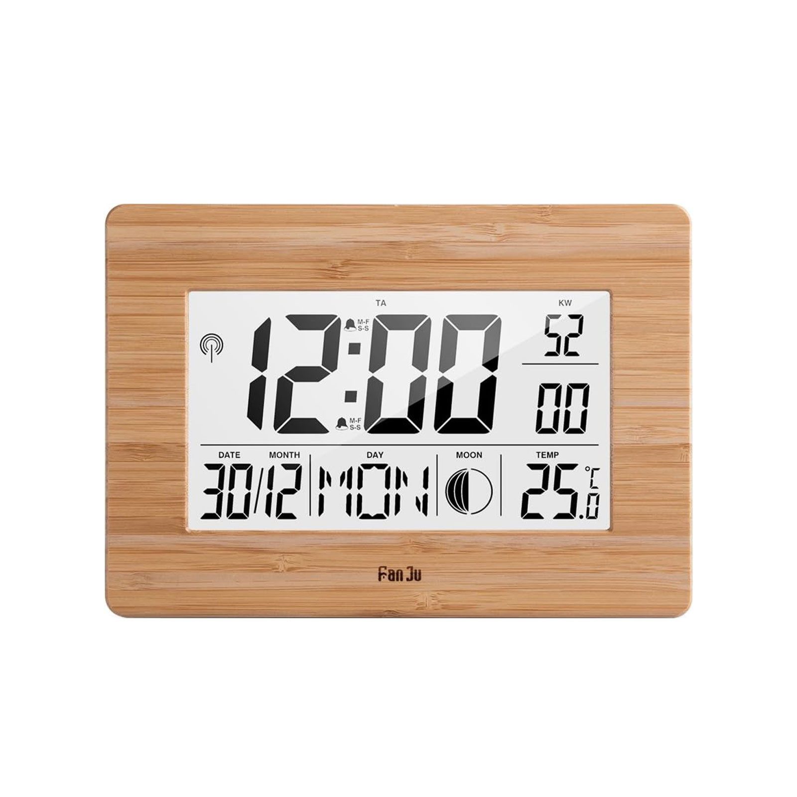 MODFU Wecker Digital Holzfarbenen Wecker LED Digitalwecker Calendar Alarm Mondphase Alarmer Weckuhr mit Dual-Alarm Temperatur 12/24H ohne Akku
