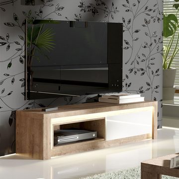 Lomadox Lowboard LATINA-161, Fernsehschrank mit Beleuchtung Schrank modern weiß Hochglanz mit Eiche