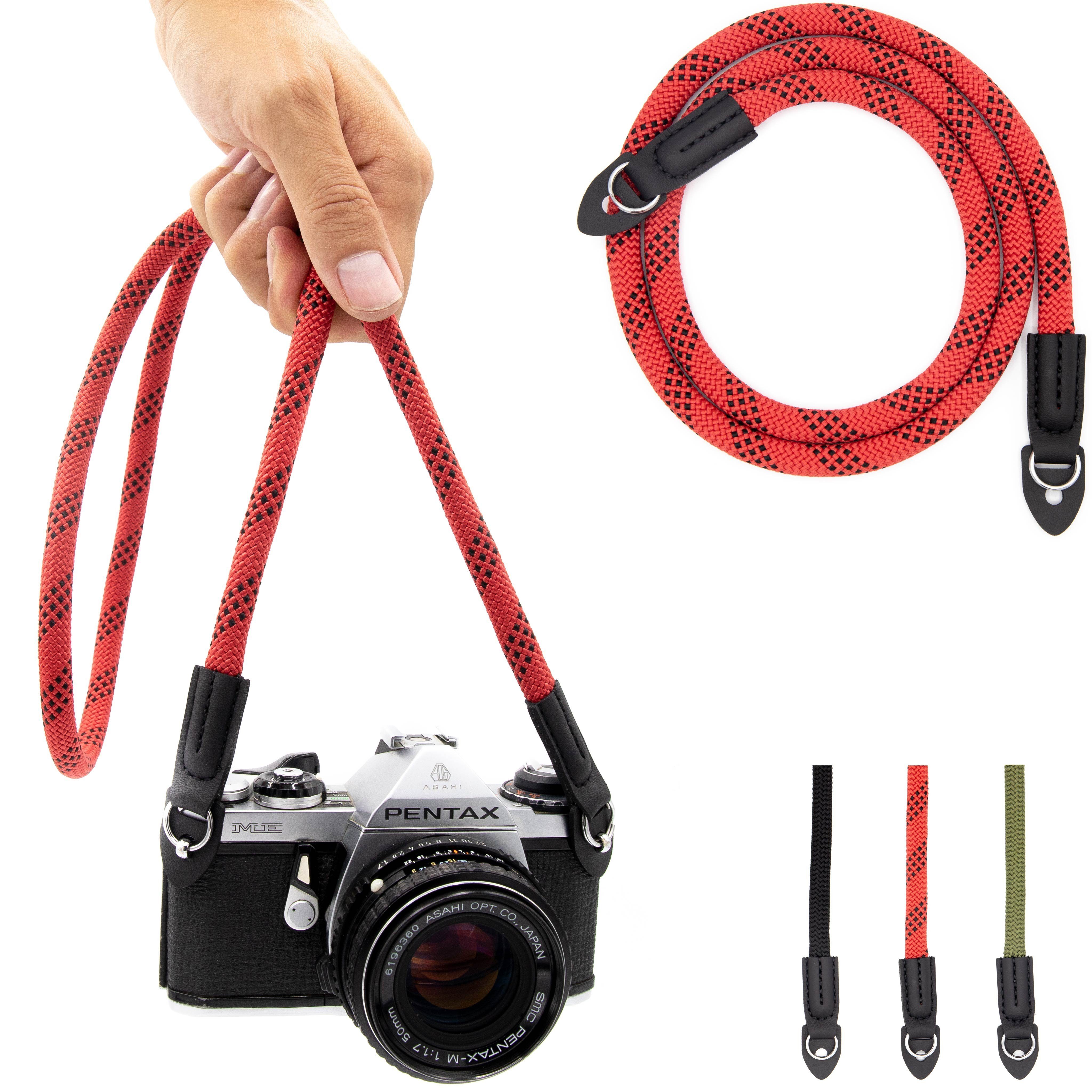 Lens-Aid Kamerazubehör-Set Kameragurt aus Seil: Nacken- BZW. Schultergurt für Systemkamera, DSLR Rot/Schwarz