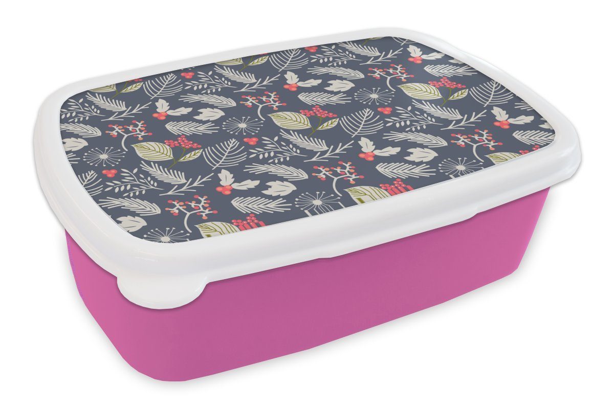 MuchoWow Lunchbox Pflanzen - Beere - Winter - Muster, Kunststoff, (2-tlg), Brotbox für Erwachsene, Brotdose Kinder, Snackbox, Mädchen, Kunststoff rosa